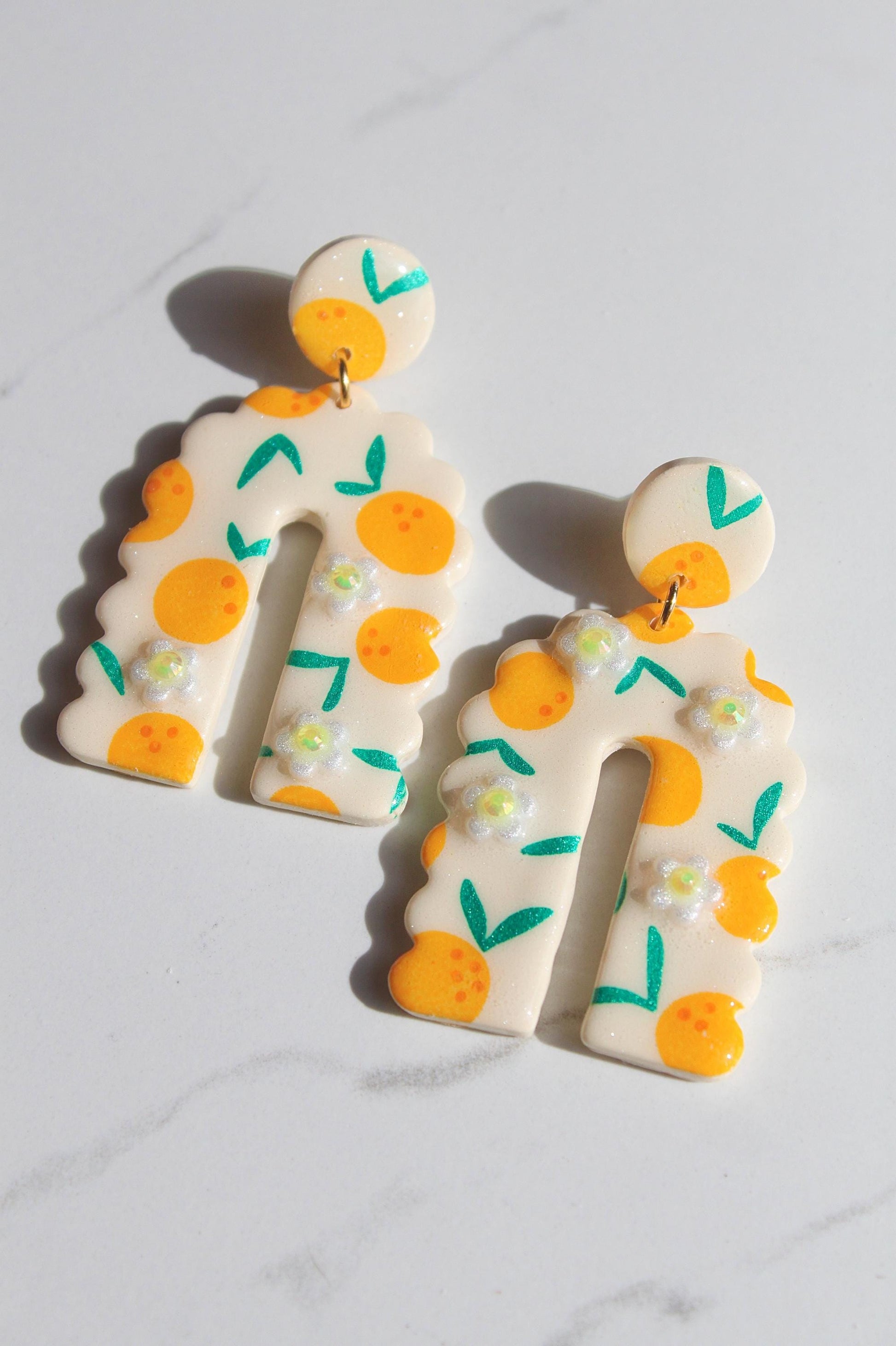 Citrus Earrings – Orange Blossom Clay Earrings with Hand-Painted Oranges & Clay Flowers, Summer Fruit Jewelry, Handmade Gift for Her