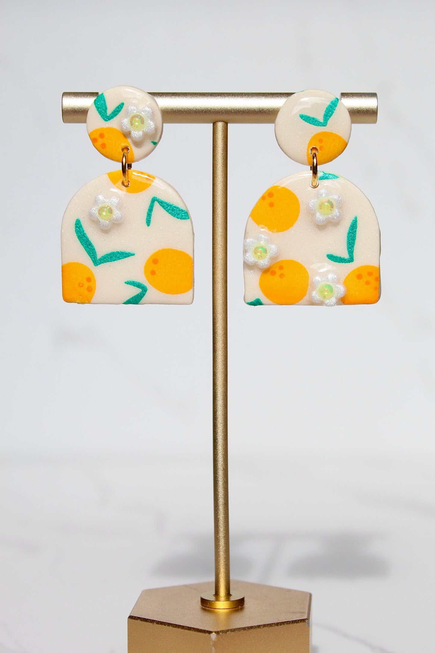 Citrus Earrings – Orange Blossom Clay Earrings with Hand-Painted Oranges & Clay Flowers, Summer Fruit Jewelry, Handmade Gift for Her