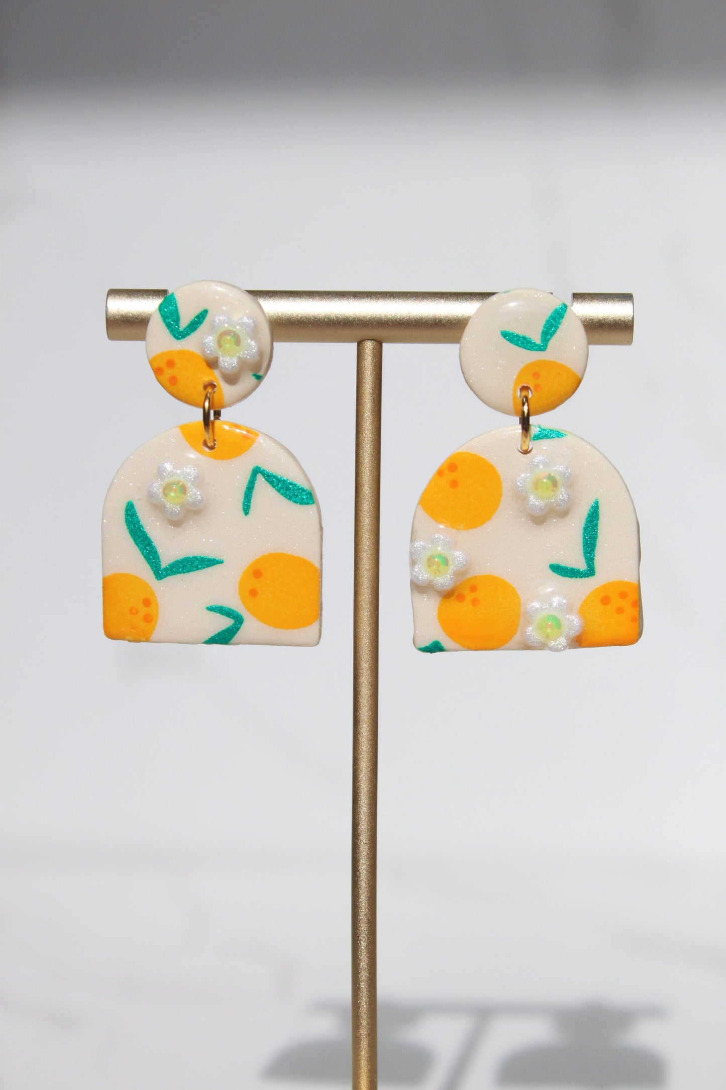Citrus Earrings – Orange Blossom Clay Earrings with Hand-Painted Oranges & Clay Flowers, Summer Fruit Jewelry, Handmade Gift for Her