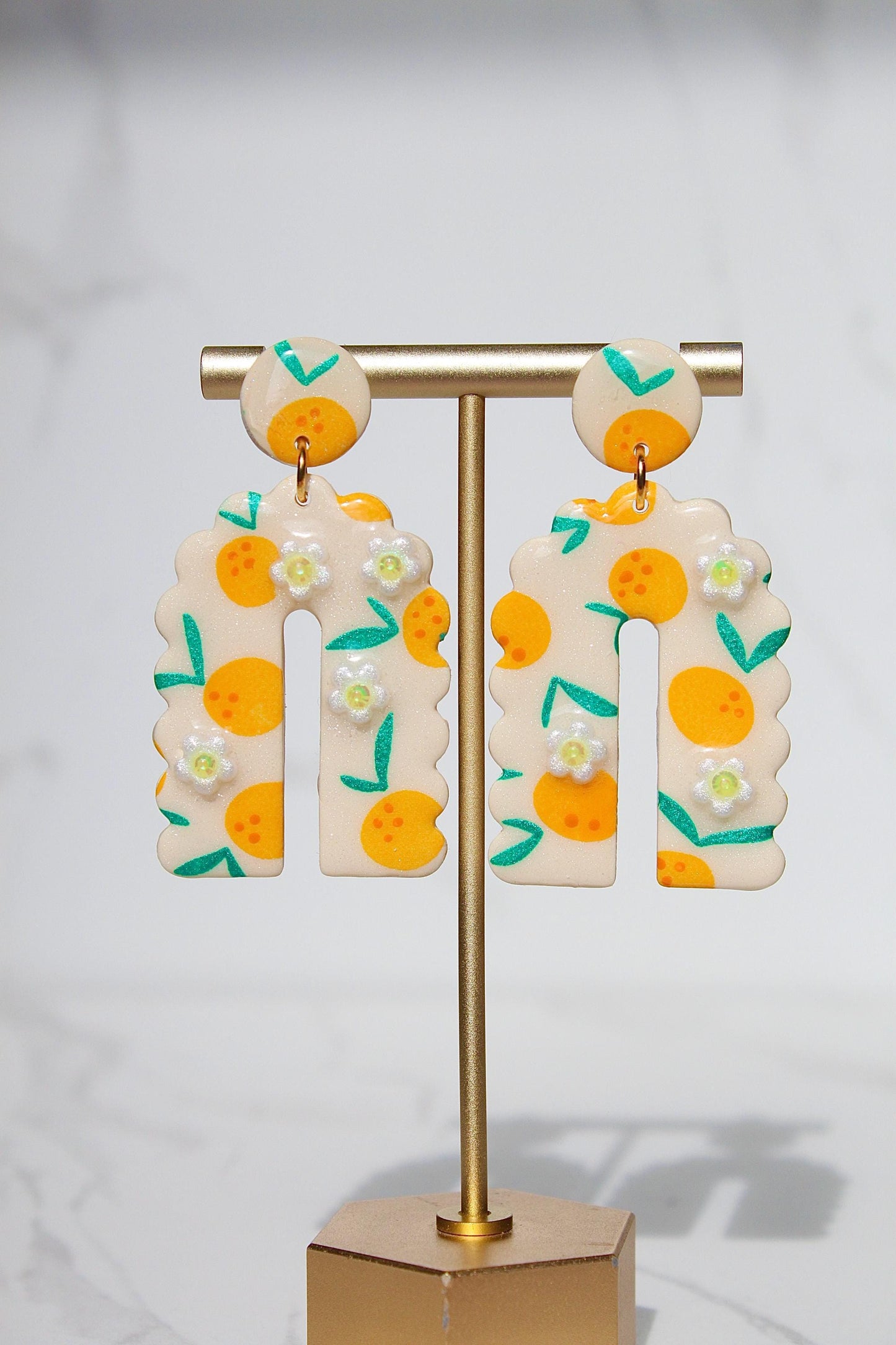 Citrus Earrings – Orange Blossom Clay Earrings with Hand-Painted Oranges & Clay Flowers, Summer Fruit Jewelry, Handmade Gift for Her