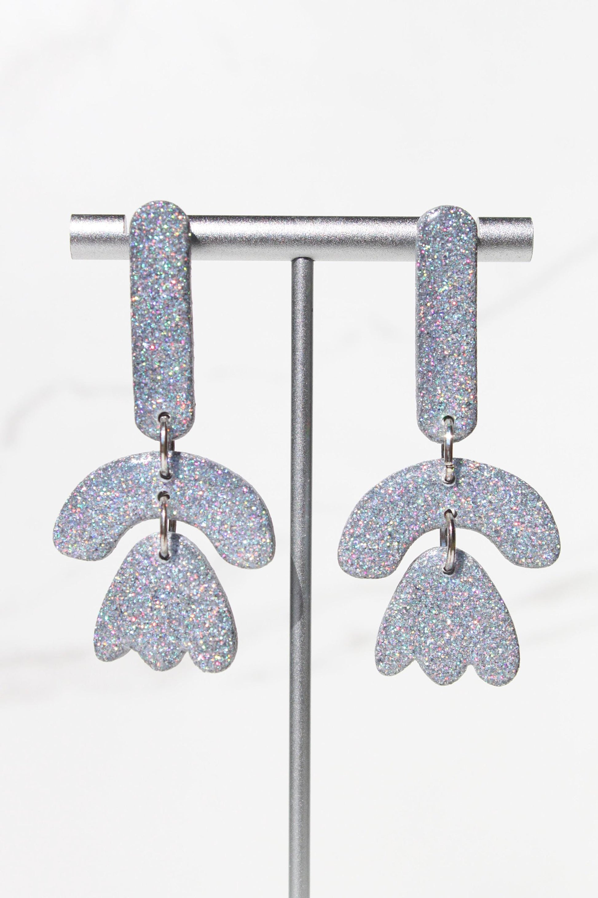 Holographic Silver Glitter Clay Earrings – Handmade Statement Dangle Earrings, Lightweight Polymer Clay Jewelry, Sparkle Party Accessory