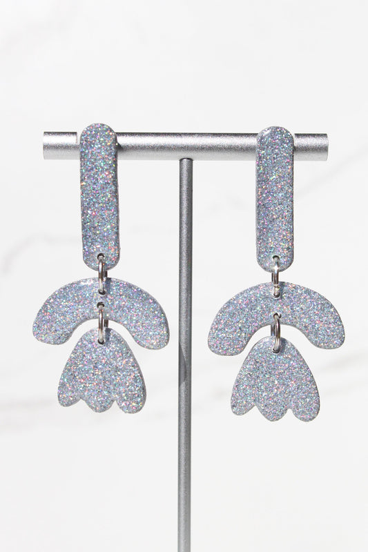 Holographic Silver Glitter Clay Earrings – Handmade Statement Dangle Earrings, Lightweight Polymer Clay Jewelry, Sparkle Party Accessory