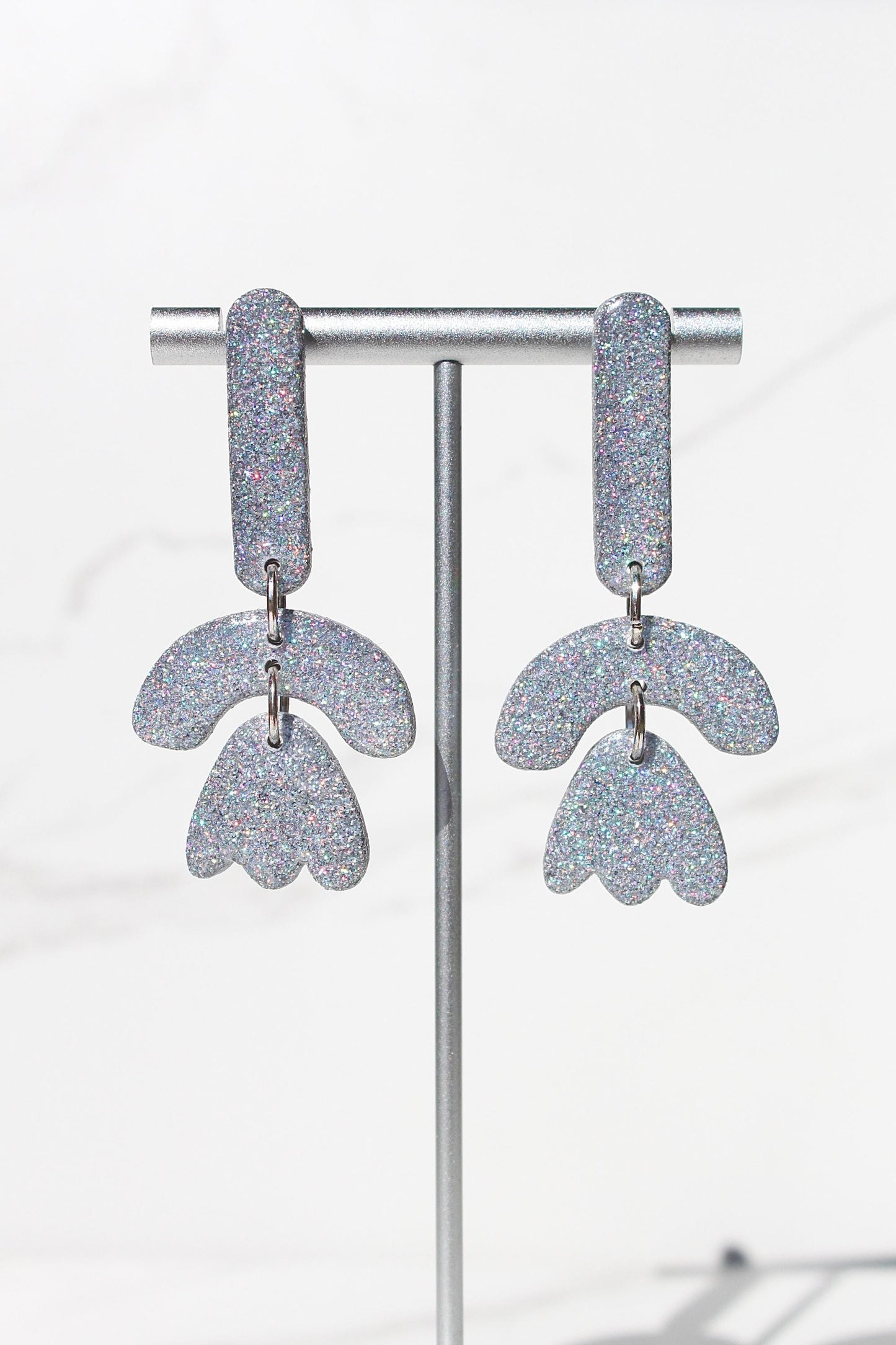 Holographic Silver Glitter Clay Earrings – Handmade Statement Dangle Earrings, Lightweight Polymer Clay Jewelry, Sparkle Party Accessory