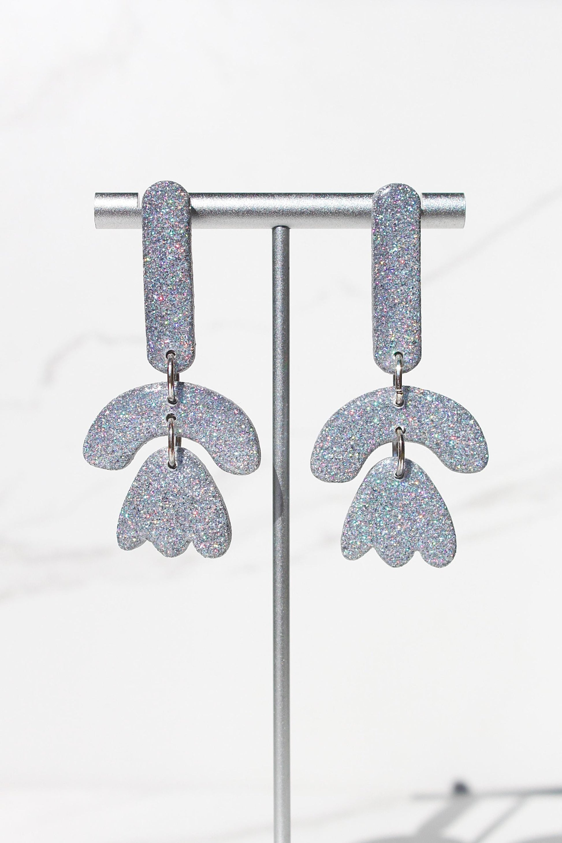 Holographic Silver Glitter Clay Earrings – Handmade Statement Dangle Earrings, Lightweight Polymer Clay Jewelry, Sparkle Party Accessory