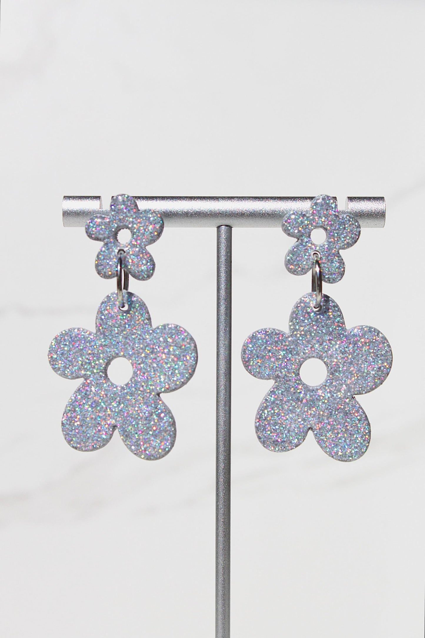 Holographic Silver Glitter Clay Earrings – Handmade Statement Dangle Earrings, Lightweight Polymer Clay Jewelry, Sparkle Party Accessory