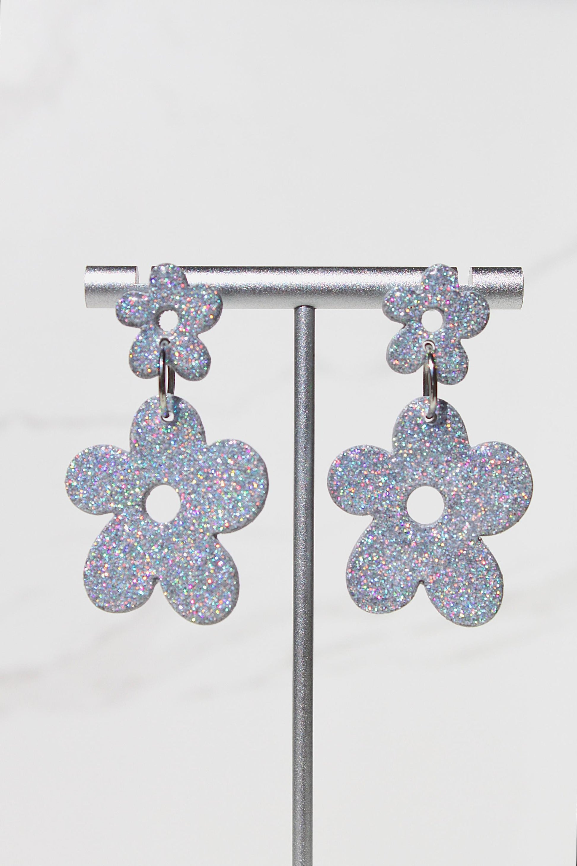 Holographic Silver Glitter Clay Earrings – Handmade Statement Dangle Earrings, Lightweight Polymer Clay Jewelry, Sparkle Party Accessory