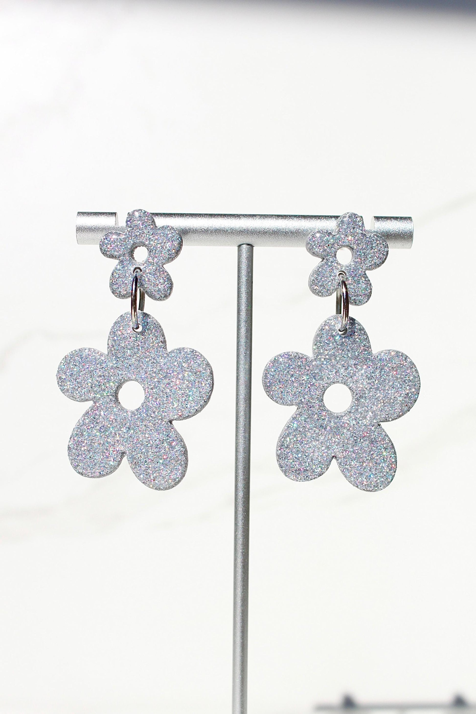 Holographic Silver Glitter Clay Earrings – Handmade Statement Dangle Earrings, Lightweight Polymer Clay Jewelry, Sparkle Party Accessory