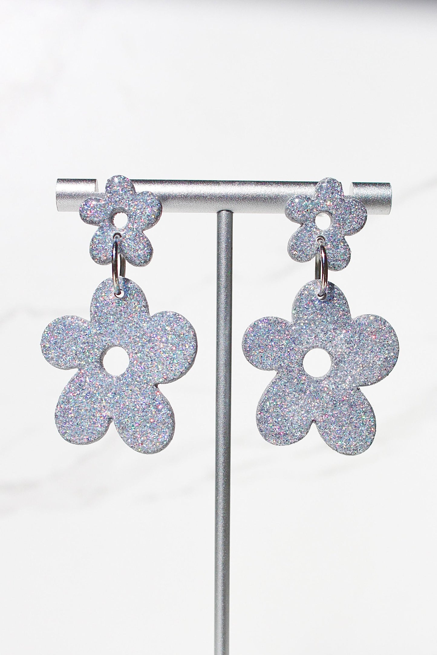 Holographic Silver Glitter Clay Earrings – Handmade Statement Dangle Earrings, Lightweight Polymer Clay Jewelry, Sparkle Party Accessory