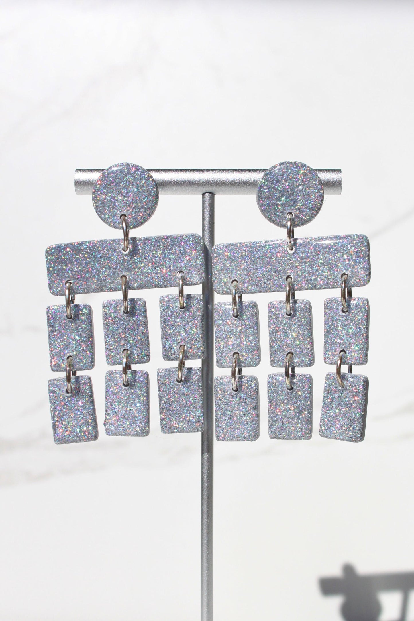 Holographic Silver Glitter Clay Earrings – Handmade Statement Dangle Earrings, Lightweight Polymer Clay Jewelry, Sparkle Party Accessory