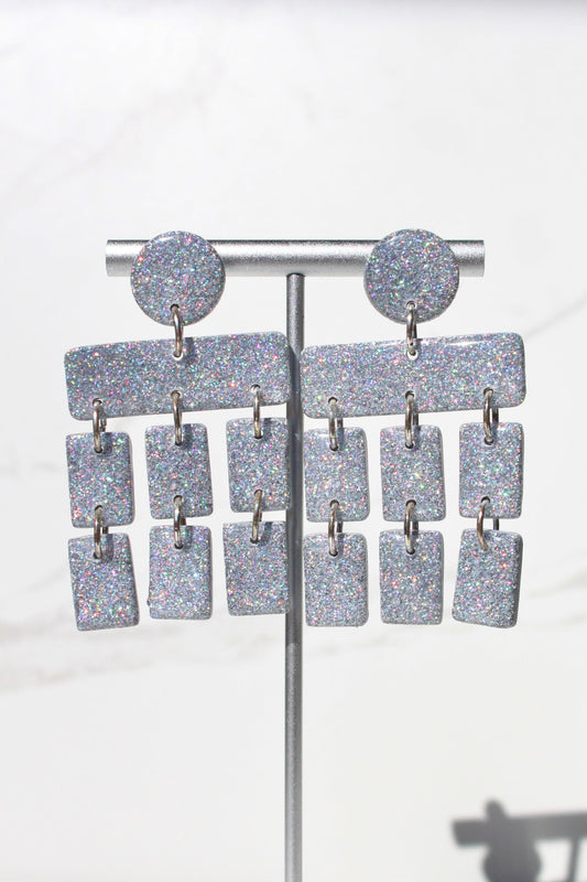 Holographic Silver Glitter Clay Earrings – Handmade Statement Dangle Earrings, Lightweight Polymer Clay Jewelry, Sparkle Party Accessory