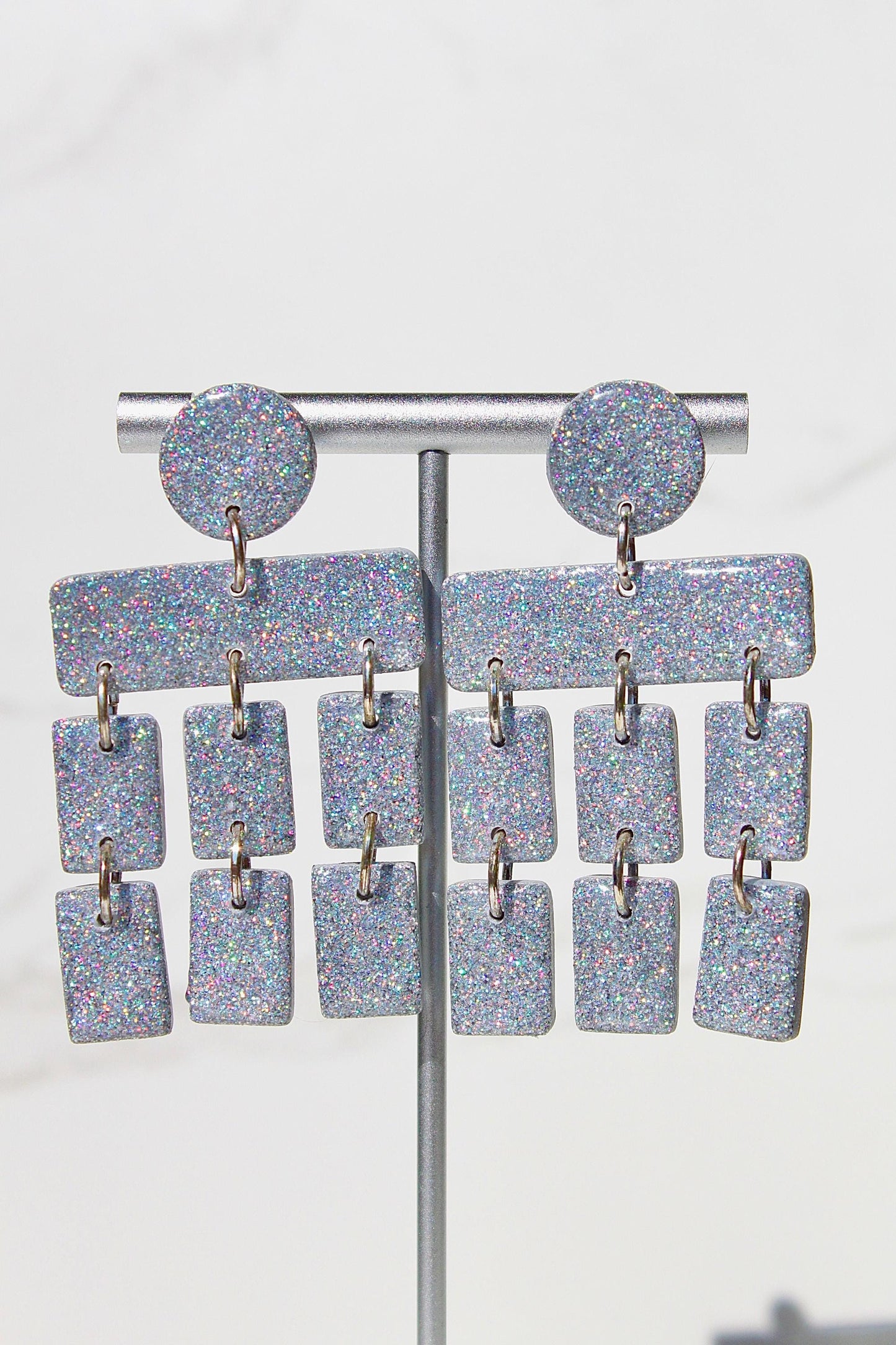 Holographic Silver Glitter Clay Earrings – Handmade Statement Dangle Earrings, Lightweight Polymer Clay Jewelry, Sparkle Party Accessory