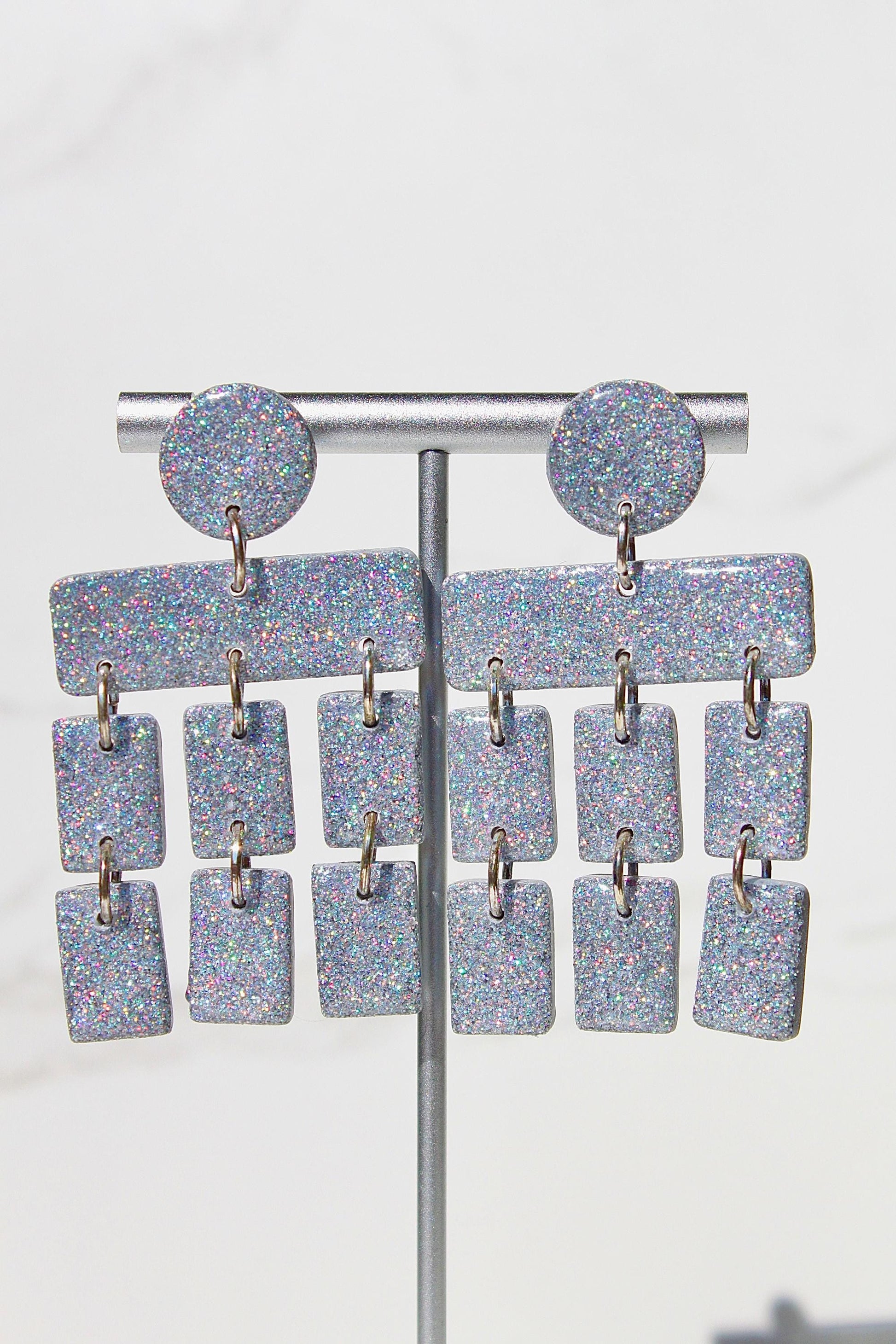 Holographic Silver Glitter Clay Earrings – Handmade Statement Dangle Earrings, Lightweight Polymer Clay Jewelry, Sparkle Party Accessory