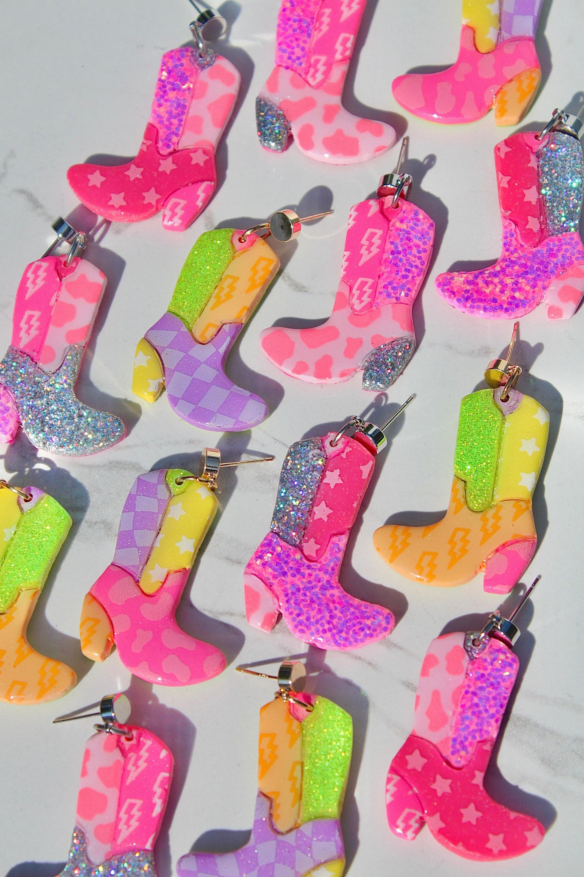 Handmade Colorful Cowgirl Boot Clay Earrings – Western, Y2K, Festival Statement Jewelry, Glitter Boot Earrings for Women, Boho Retro Gifts
