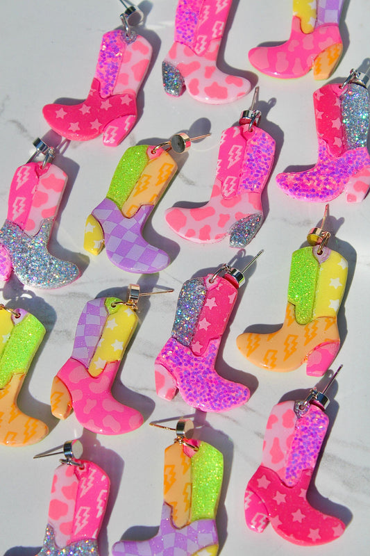 Handmade Colorful Cowgirl Boot Clay Earrings – Western, Y2K, Festival Statement Jewelry, Glitter Boot Earrings for Women, Boho Retro Gifts