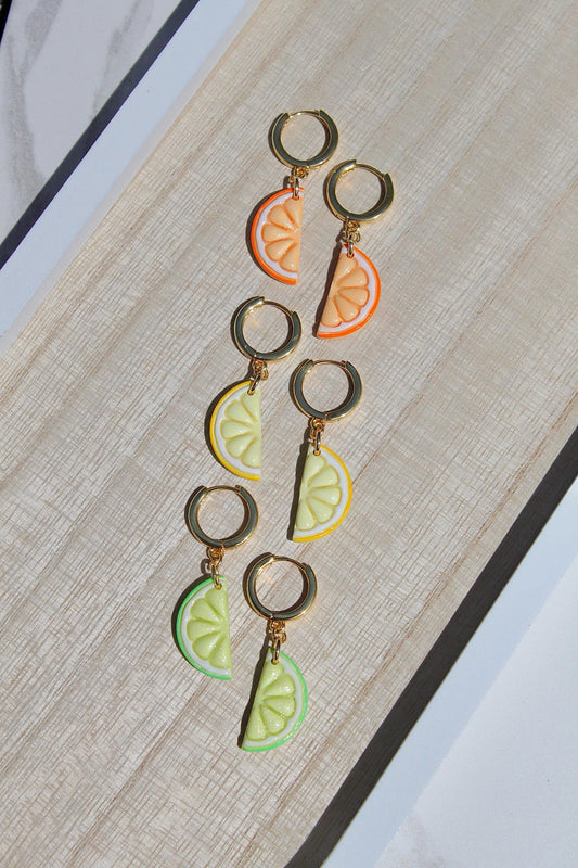Citrus Slice Earrings – Polymer Clay Fruit Dangle Earrings – Lemon, Lime & Orange Earrings – Handmade Summer Jewelry – Gold Hoop Earrings –