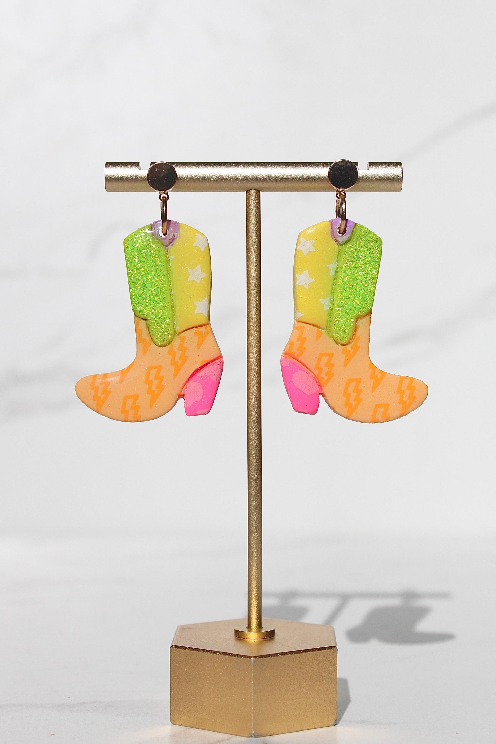 Handmade Colorful Cowgirl Boot Clay Earrings – Western, Y2K, Festival Statement Jewelry, Glitter Boot Earrings for Women, Boho Retro Gifts