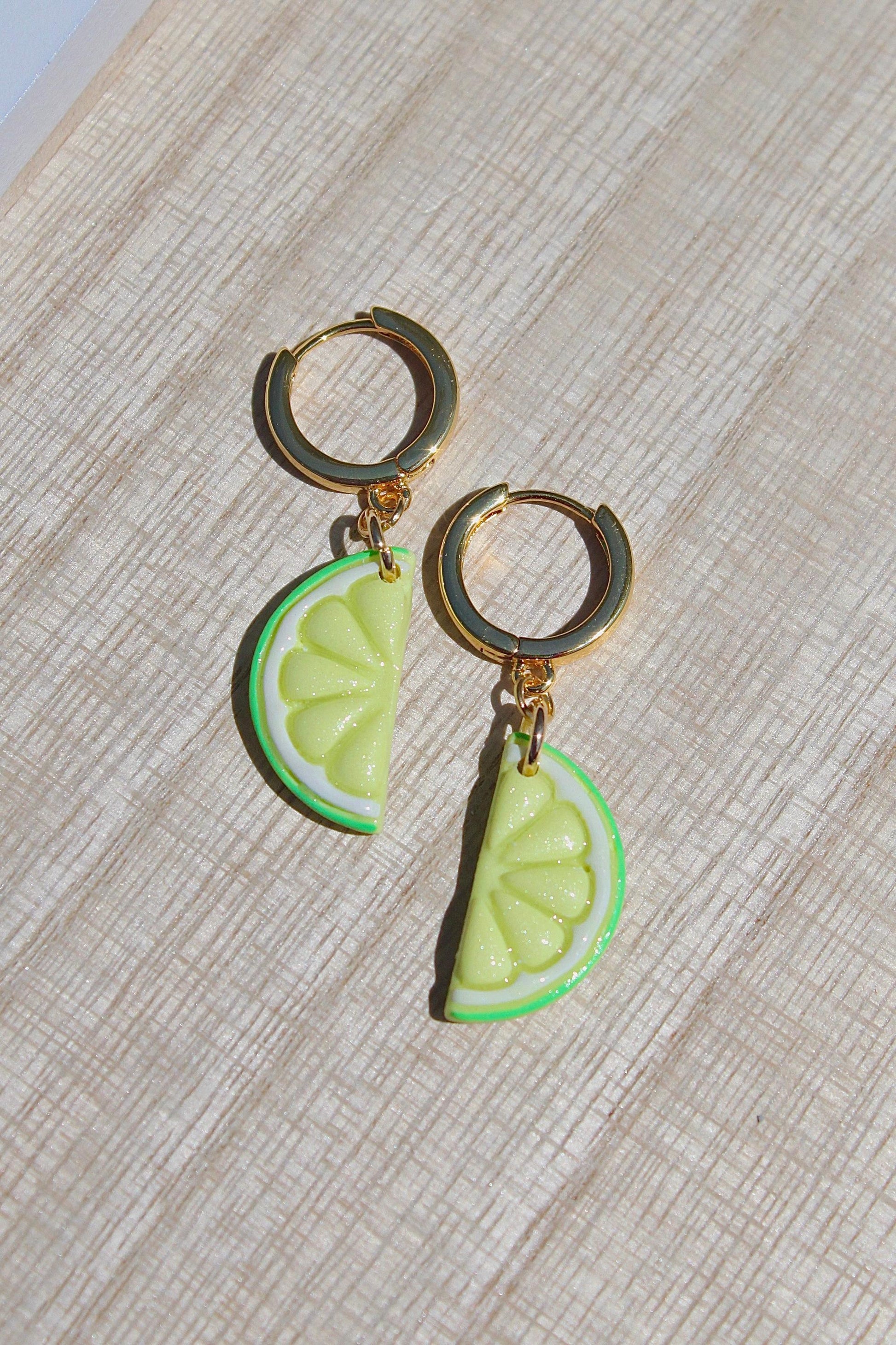 Citrus Slice Earrings – Polymer Clay Fruit Dangle Earrings – Lemon, Lime & Orange Earrings – Handmade Summer Jewelry – Gold Hoop Earrings –