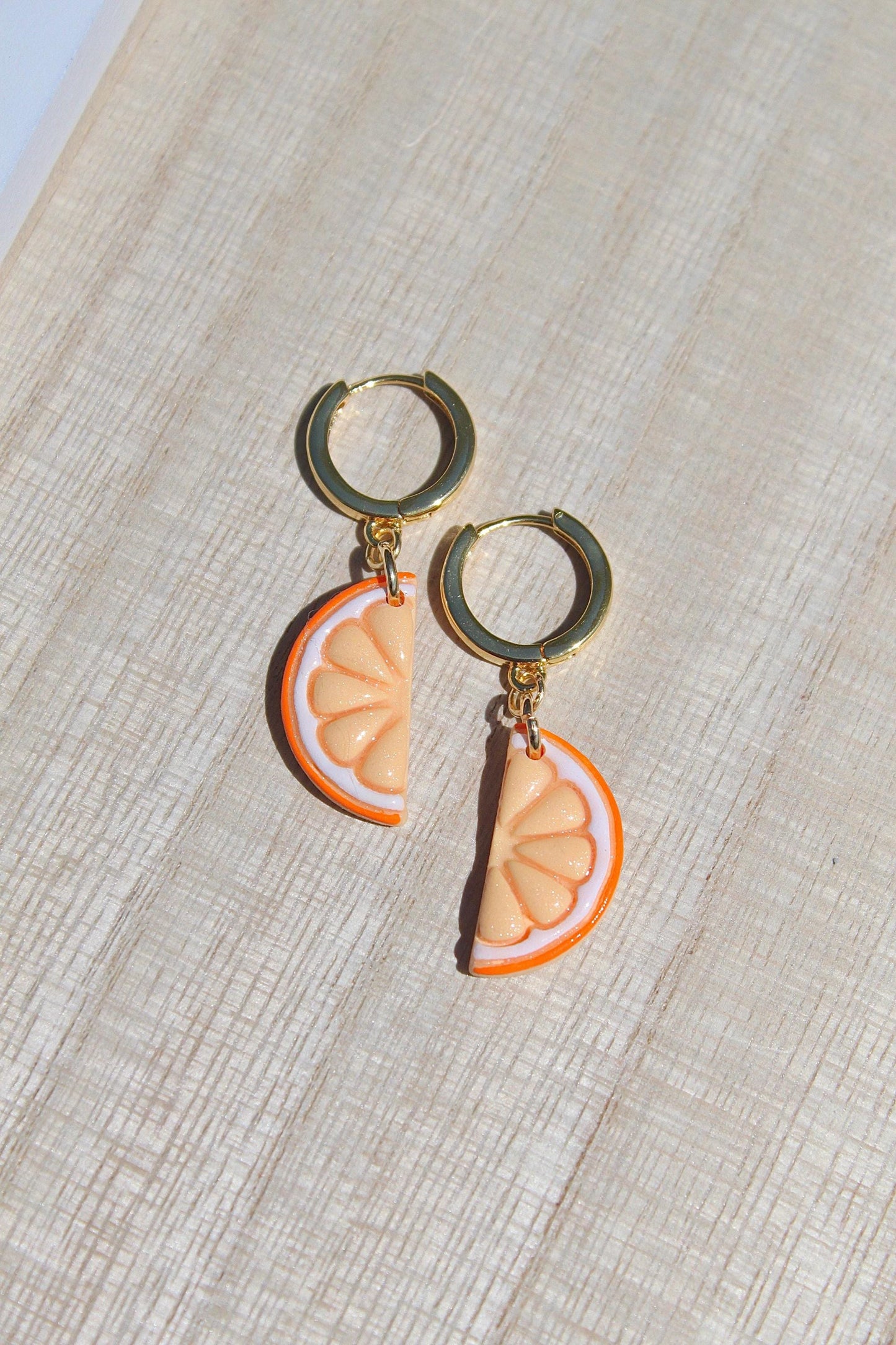 Citrus Slice Earrings – Polymer Clay Fruit Dangle Earrings – Lemon, Lime & Orange Earrings – Handmade Summer Jewelry – Gold Hoop Earrings –