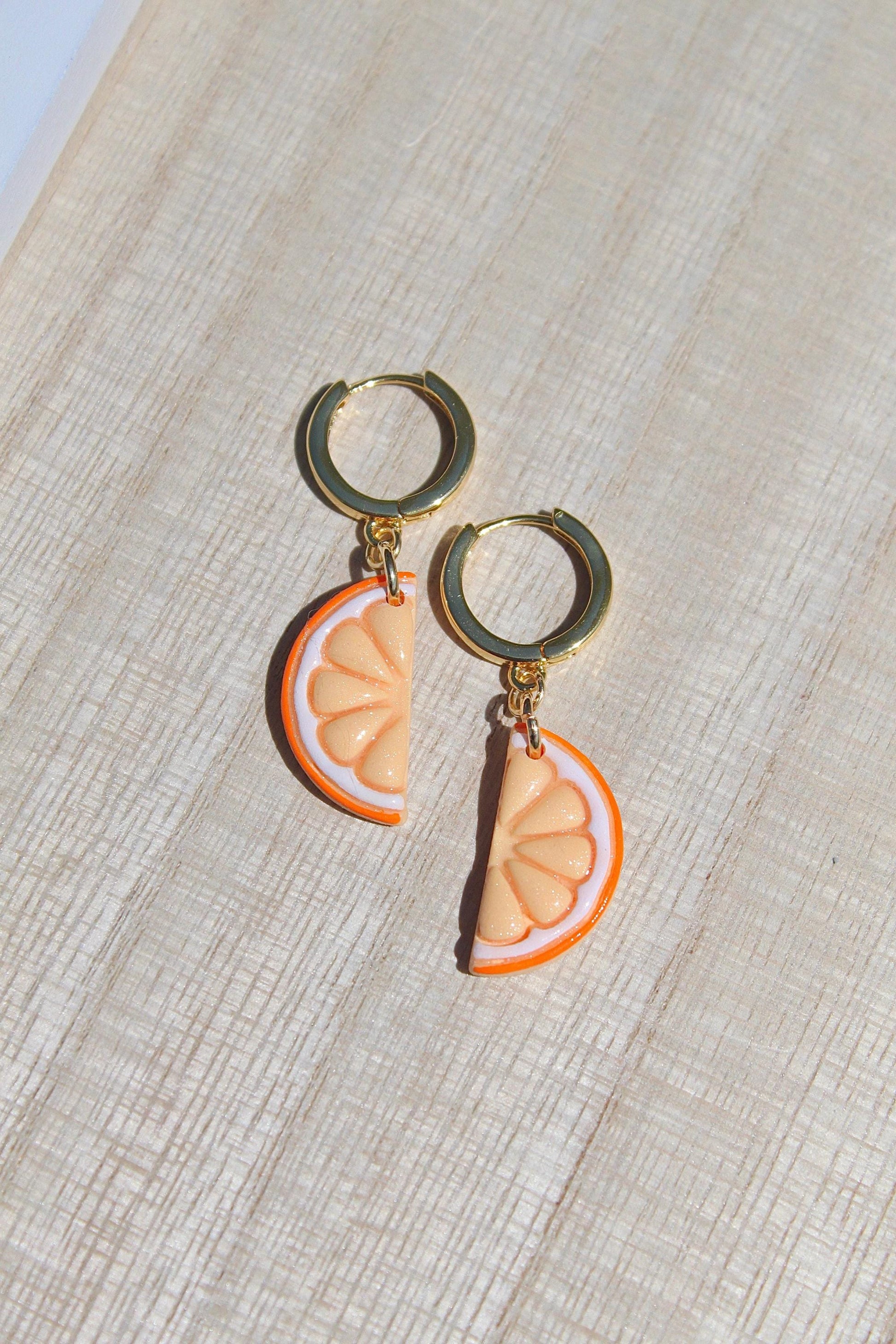 Citrus Slice Earrings – Polymer Clay Fruit Dangle Earrings – Lemon, Lime & Orange Earrings – Handmade Summer Jewelry – Gold Hoop Earrings –