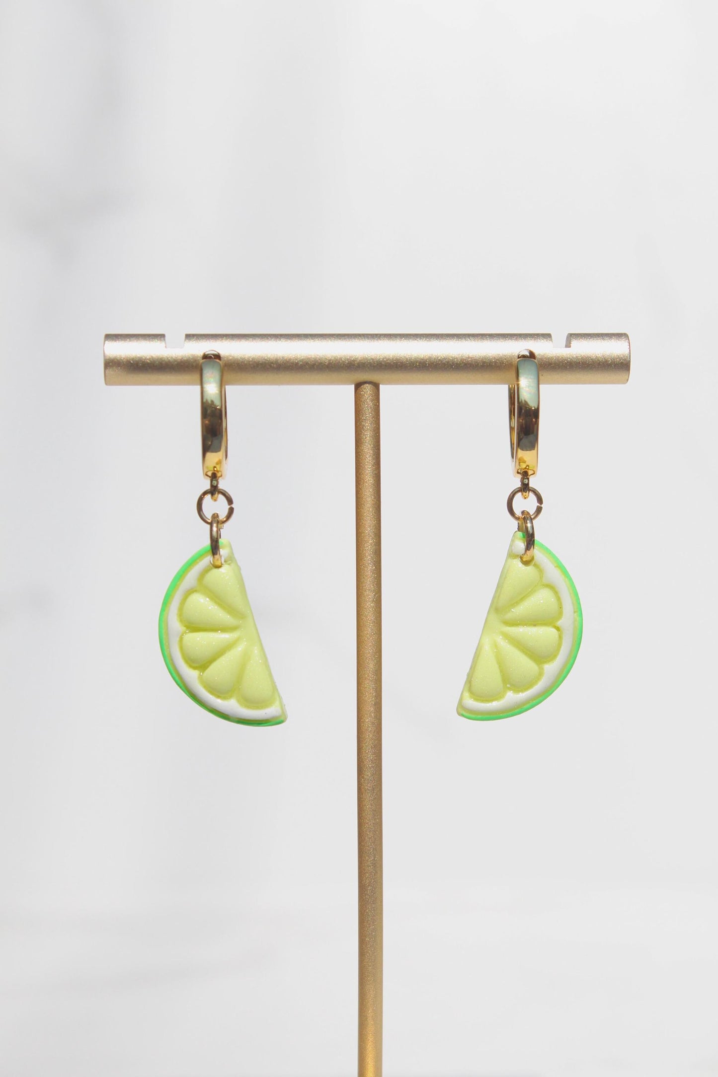 Citrus Slice Earrings – Polymer Clay Fruit Dangle Earrings – Lemon, Lime & Orange Earrings – Handmade Summer Jewelry – Gold Hoop Earrings –