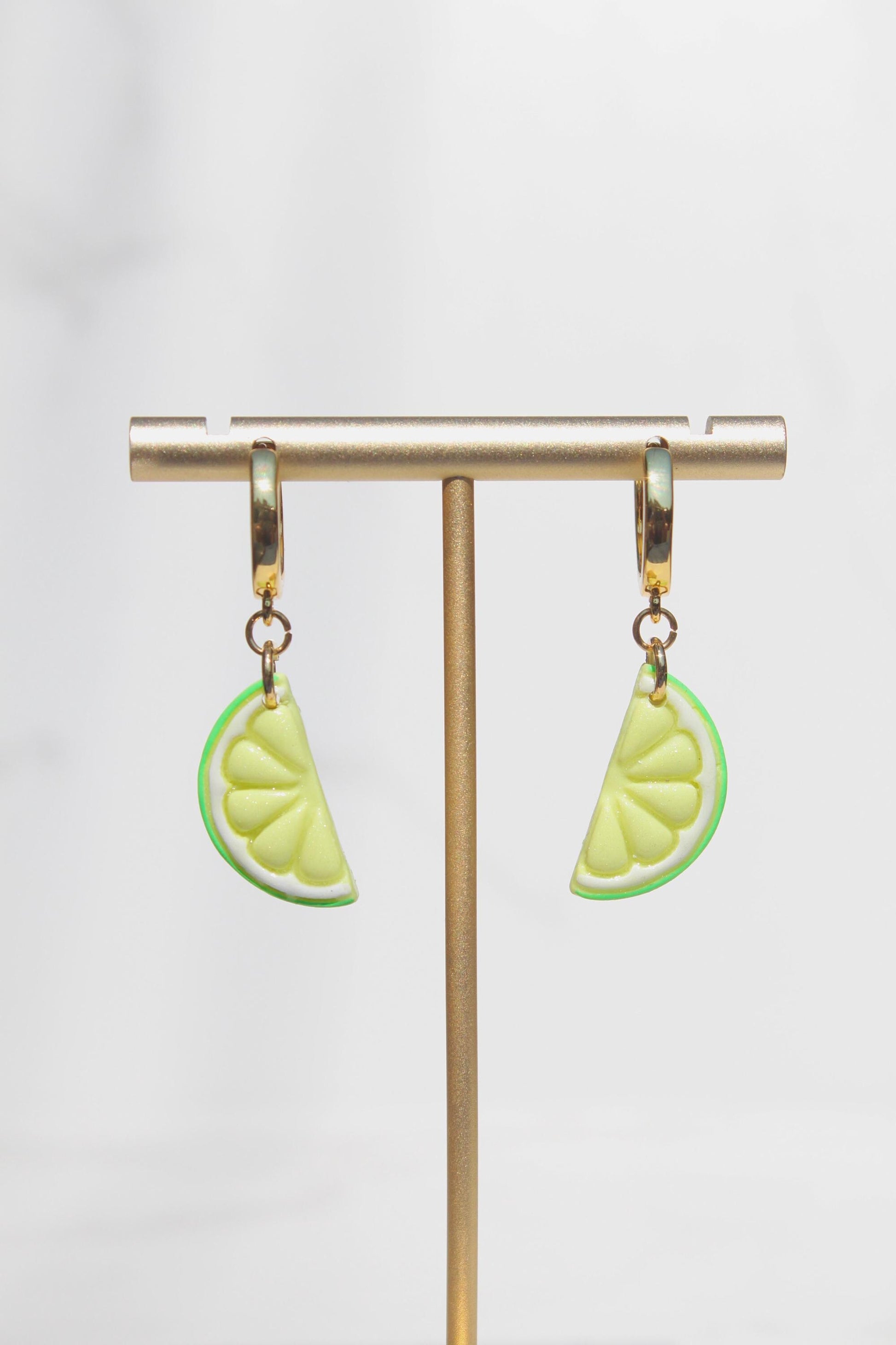 Citrus Slice Earrings – Polymer Clay Fruit Dangle Earrings – Lemon, Lime & Orange Earrings – Handmade Summer Jewelry – Gold Hoop Earrings –