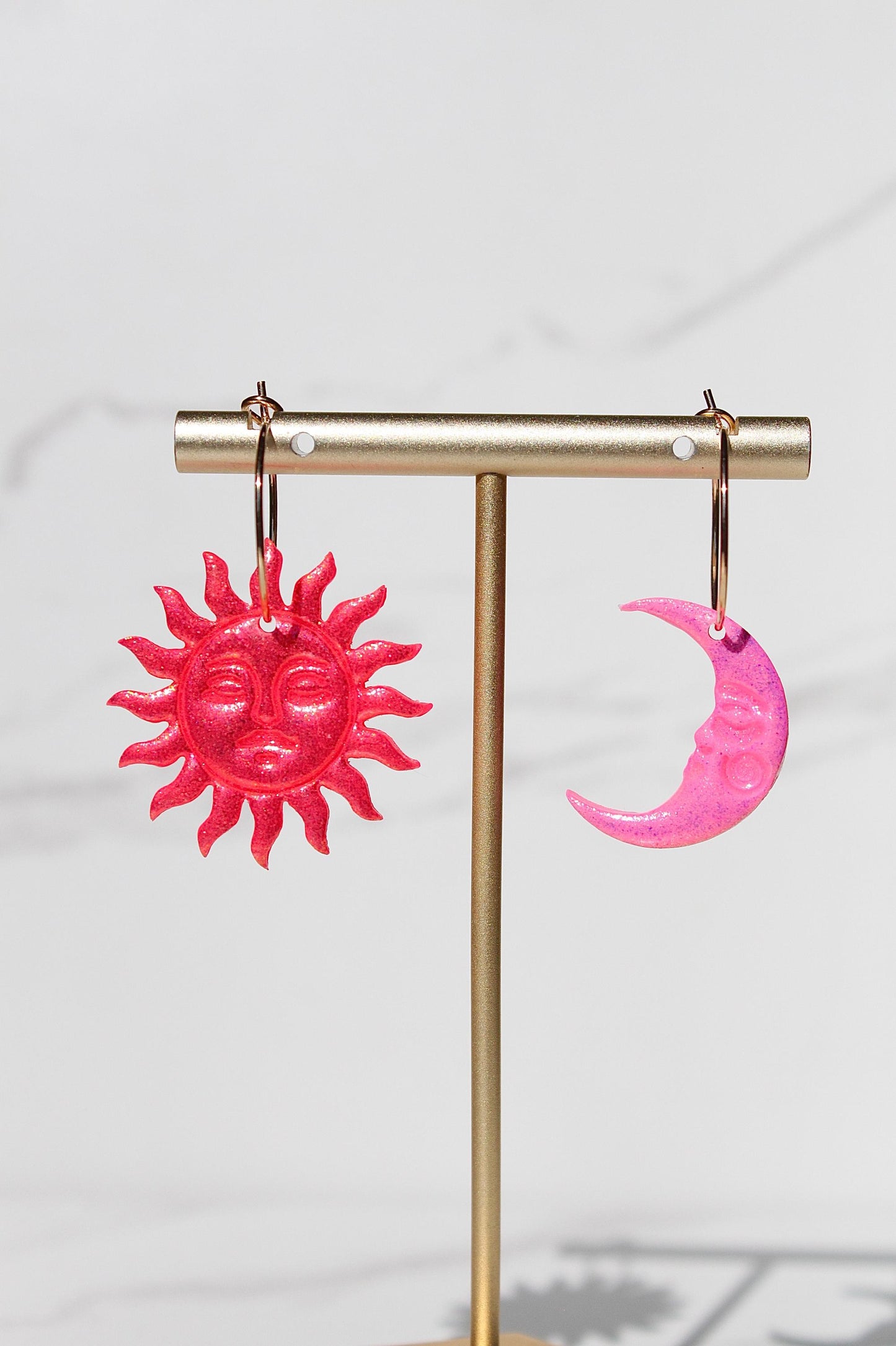 Sun and Moon Dangle Earrings – Mismatched Clay Earrings – Celestial Earrings with Faces – Handmade Polymer Clay Jewelry – Cosmic Clay Hoops