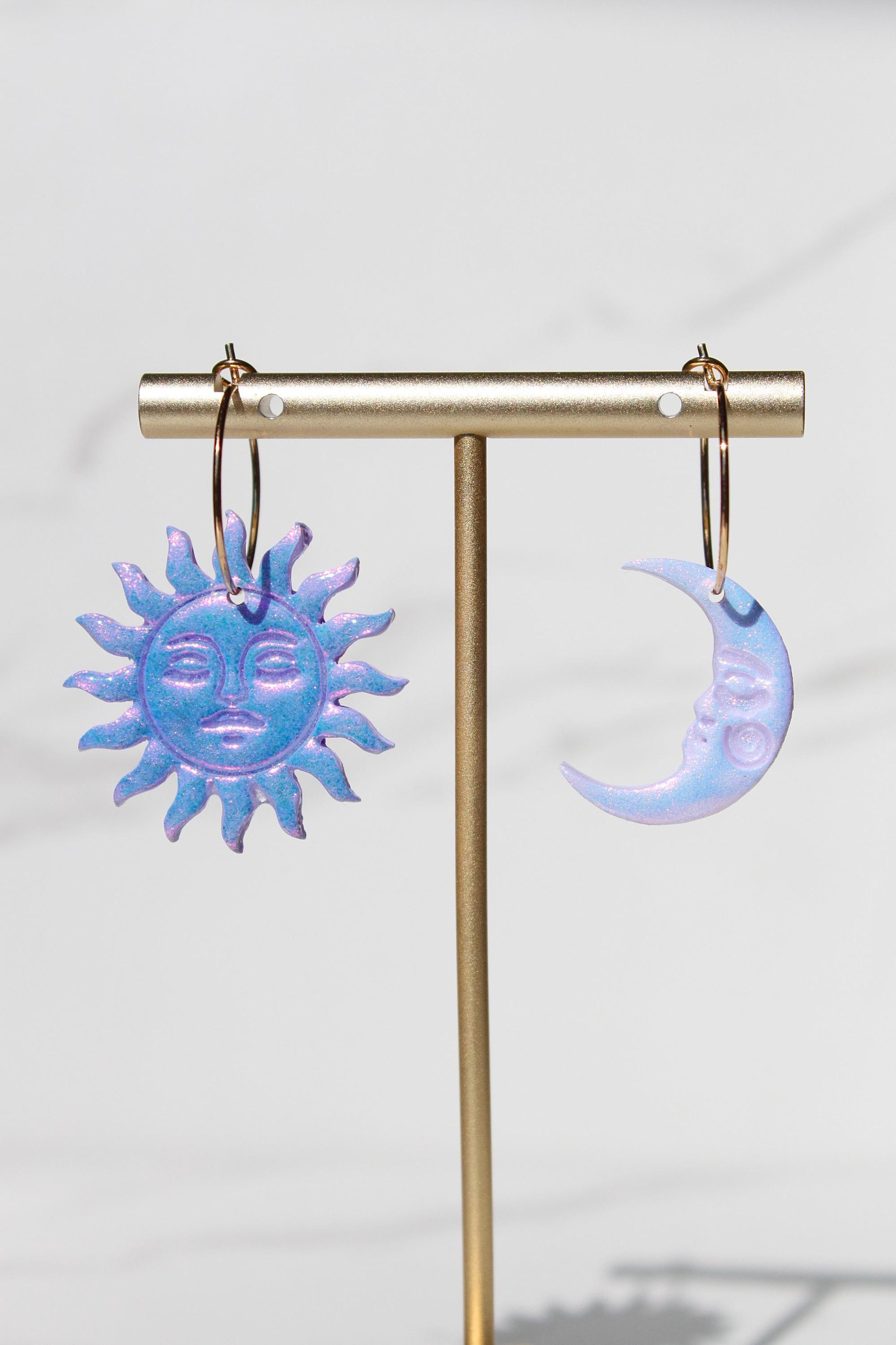 Sun and Moon Dangle Earrings – Mismatched Clay Earrings – Celestial Earrings with Faces – Handmade Polymer Clay Jewelry – Cosmic Clay Hoops