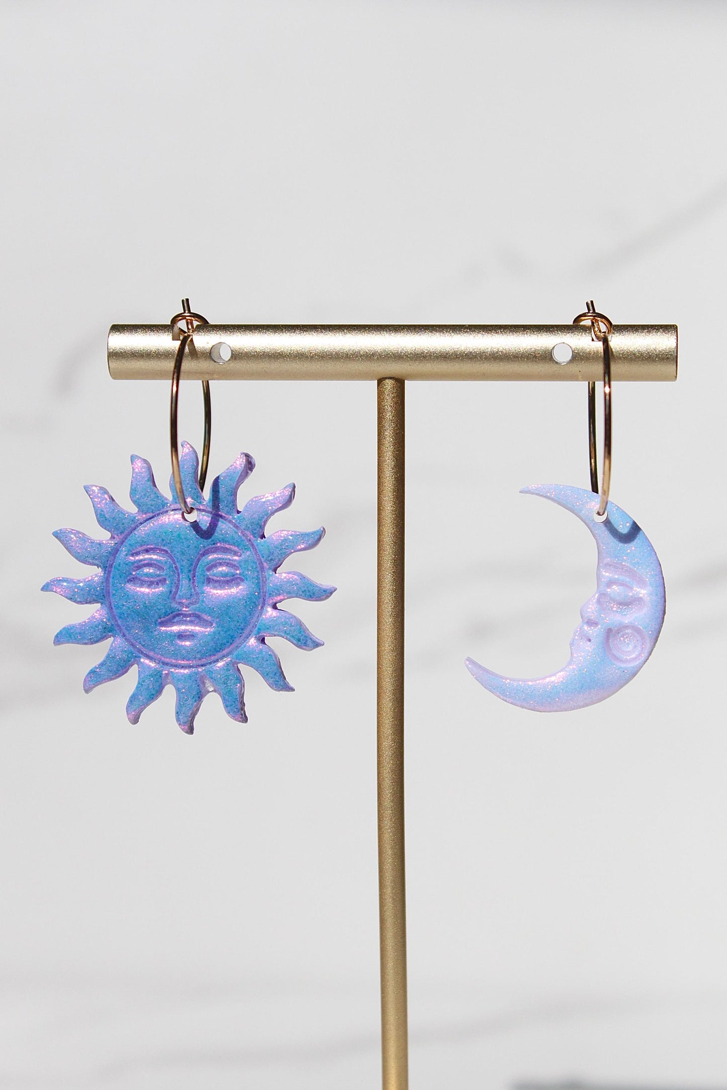 Sun and Moon Dangle Earrings – Mismatched Clay Earrings – Celestial Earrings with Faces – Handmade Polymer Clay Jewelry – Cosmic Clay Hoops