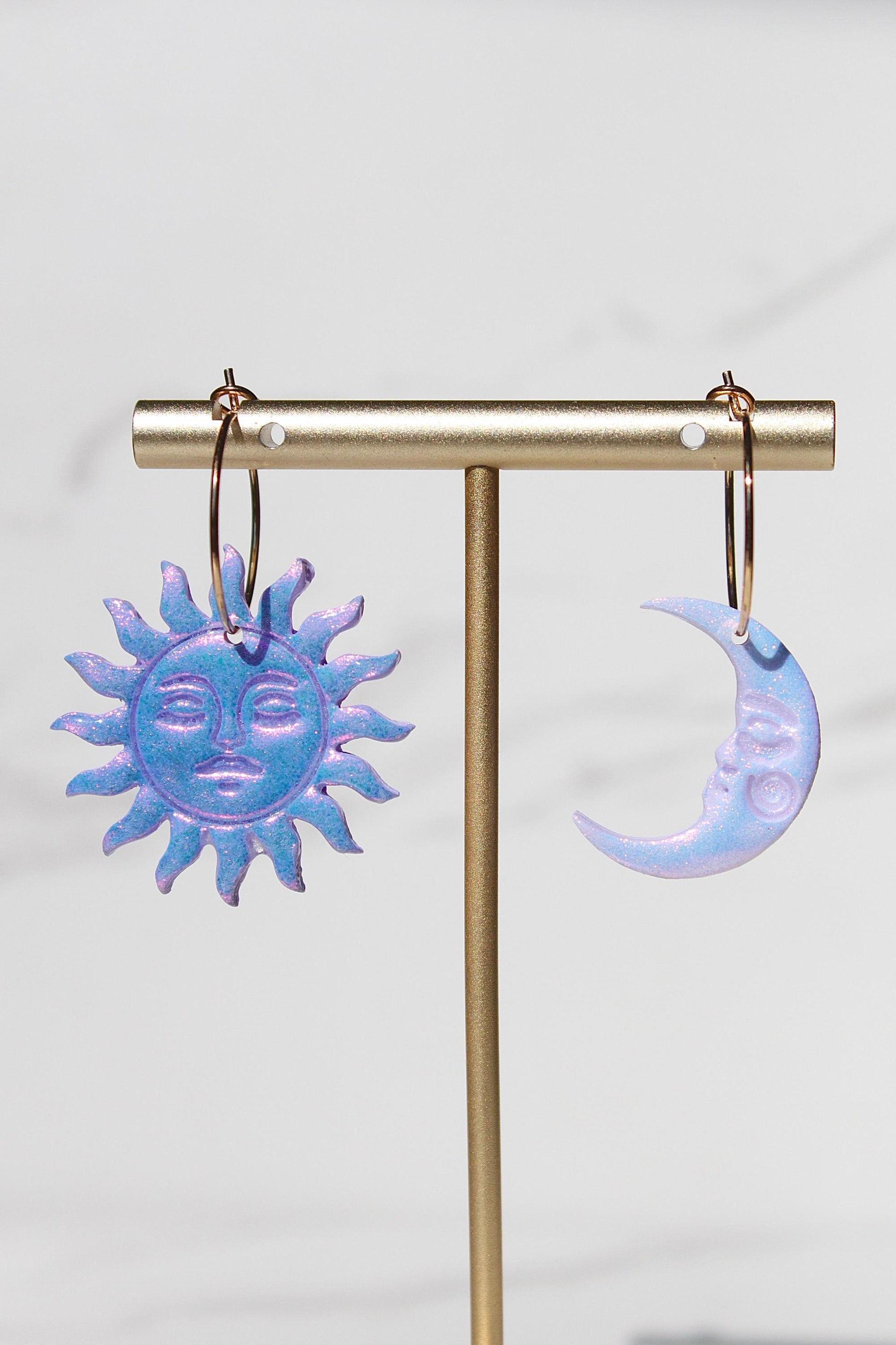 Sun and Moon Dangle Earrings – Mismatched Clay Earrings – Celestial Earrings with Faces – Handmade Polymer Clay Jewelry – Cosmic Clay Hoops