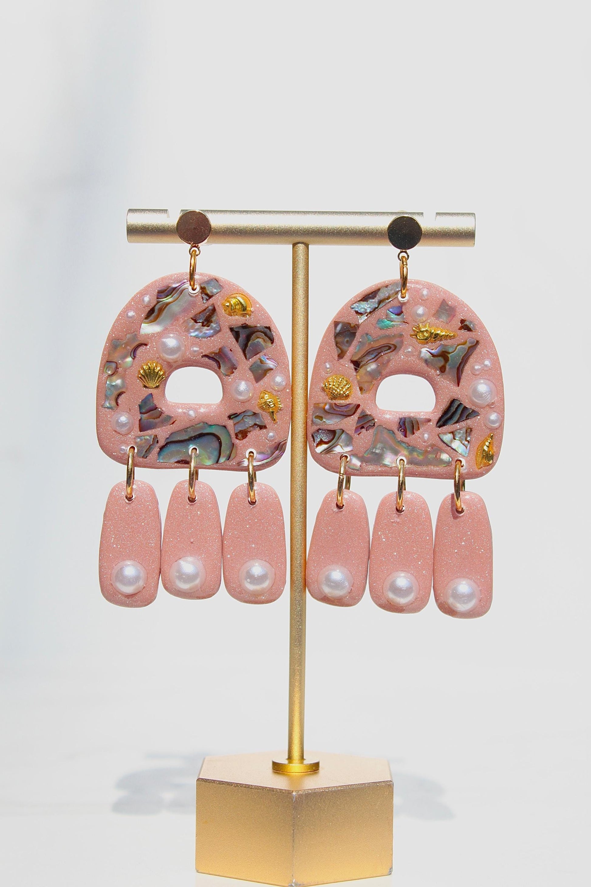 Brown Abalone Shell & Pearl Earrings – Handmade Statement Polymer Clay Earrings, Lightweight Geometric Dangles, Iridescent Shell Jewelry, Bo