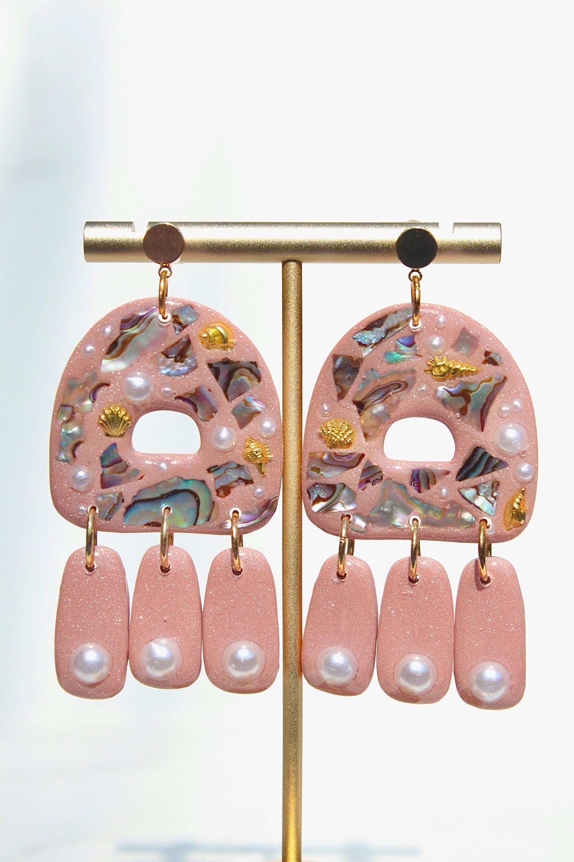 Brown Abalone Shell & Pearl Earrings – Handmade Statement Polymer Clay Earrings, Lightweight Geometric Dangles, Iridescent Shell Jewelry, Bo