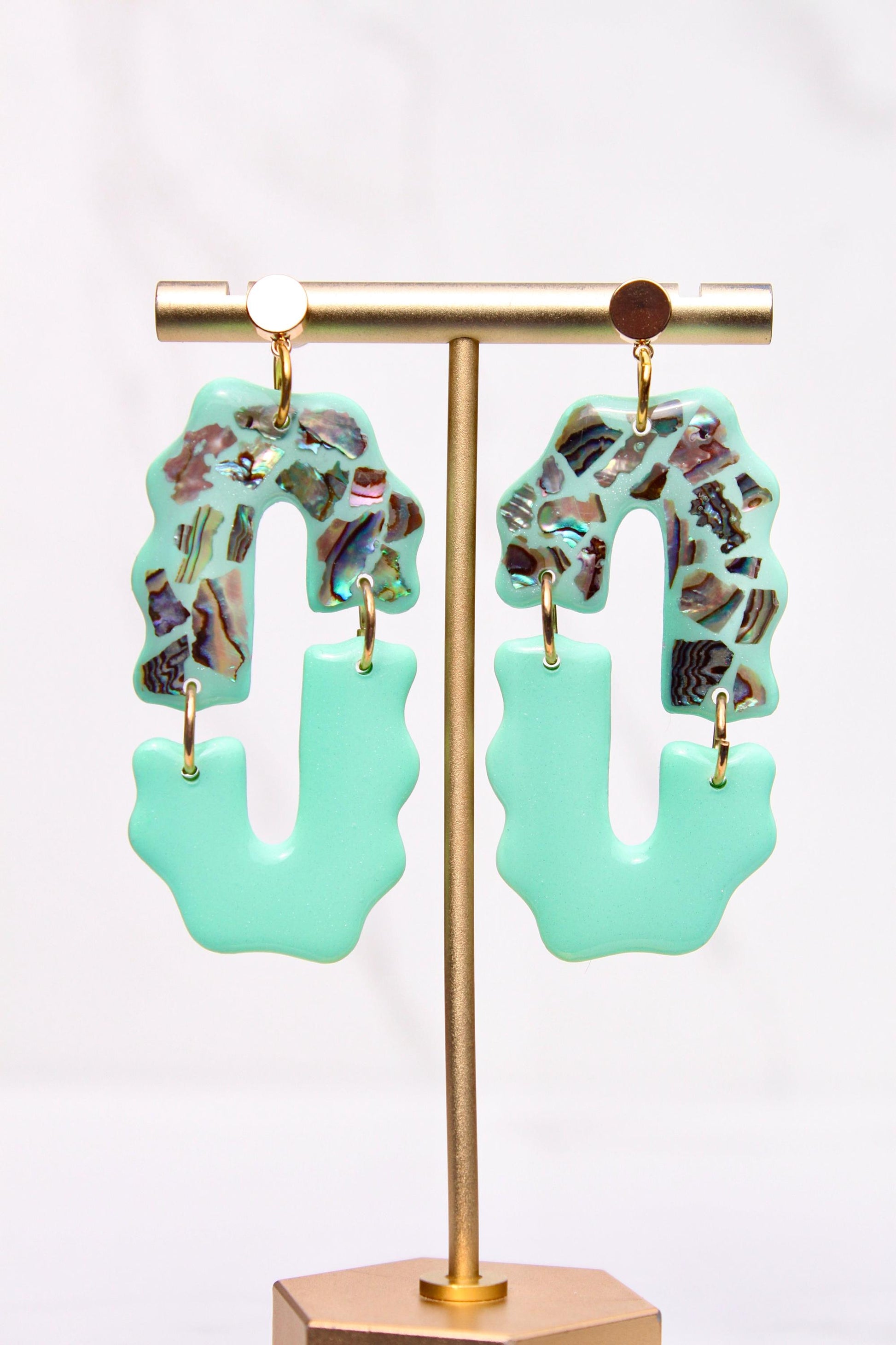 Mint Green Abalone Shell Earrings – Handmade Statement Polymer Clay Earrings, Lightweight Geometric Dangles, Iridescent Shell Jewelry, Boho