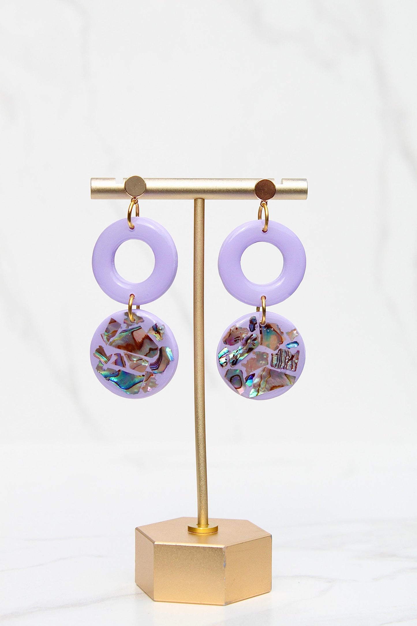 Purple Abalone Shell Earrings – Handmade Statement Polymer Clay Earrings, Lightweight Geometric Dangles, Iridescent Shell Jewelry, Boho Gift