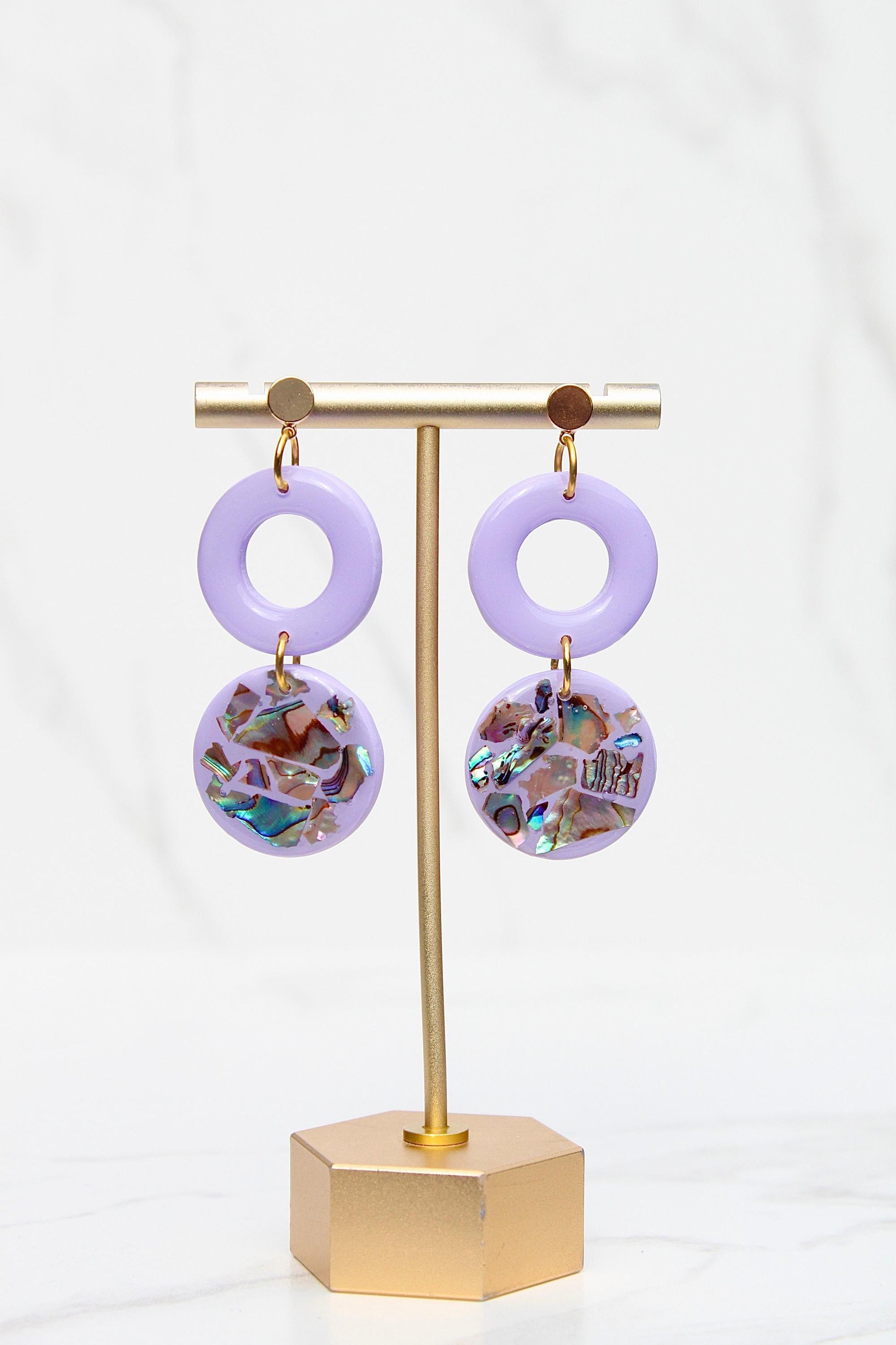 Purple Abalone Shell Earrings – Handmade Statement Polymer Clay Earrings, Lightweight Geometric Dangles, Iridescent Shell Jewelry, Boho Gift