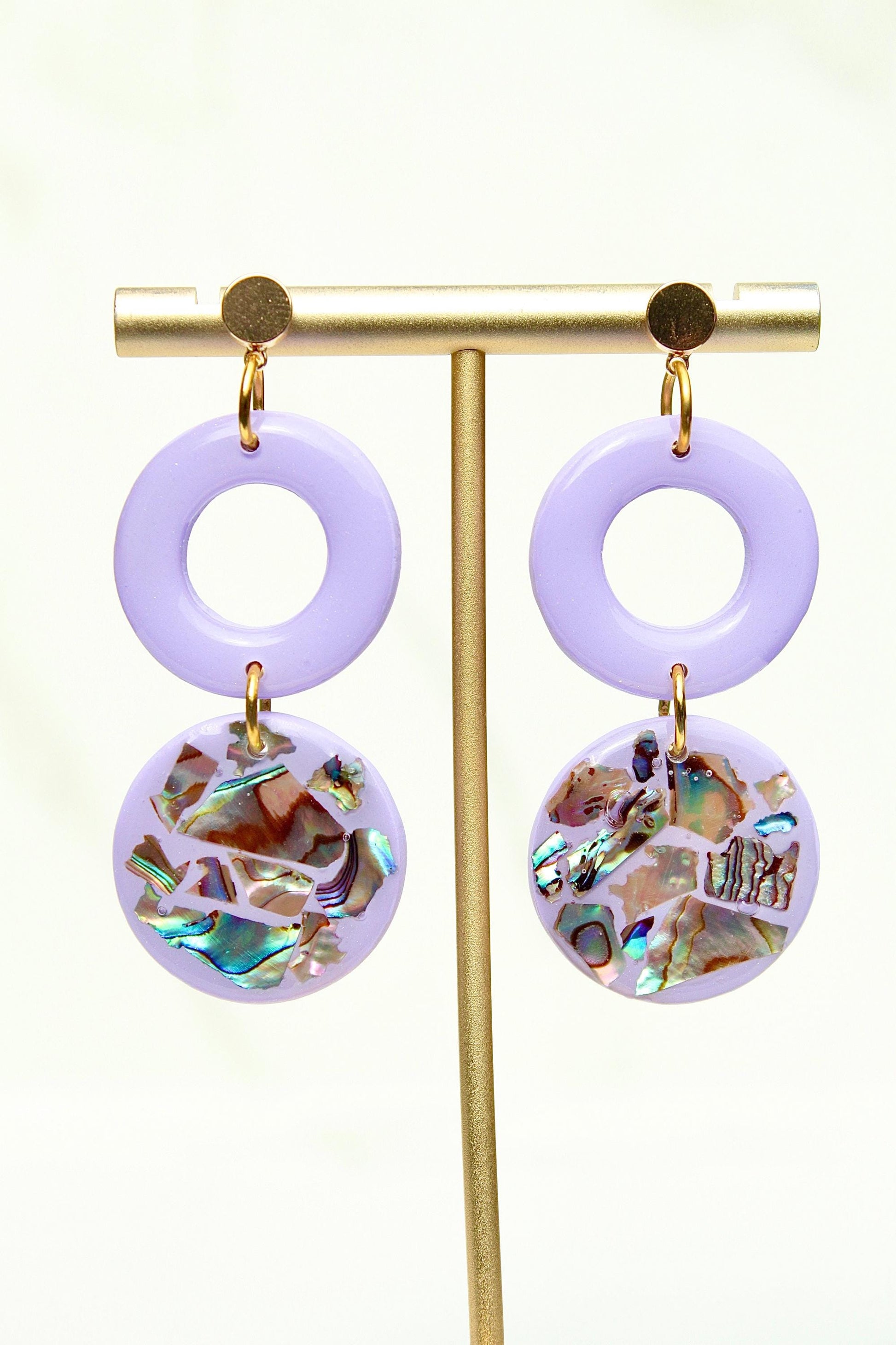 Purple Abalone Shell Earrings – Handmade Statement Polymer Clay Earrings, Lightweight Geometric Dangles, Iridescent Shell Jewelry, Boho Gift