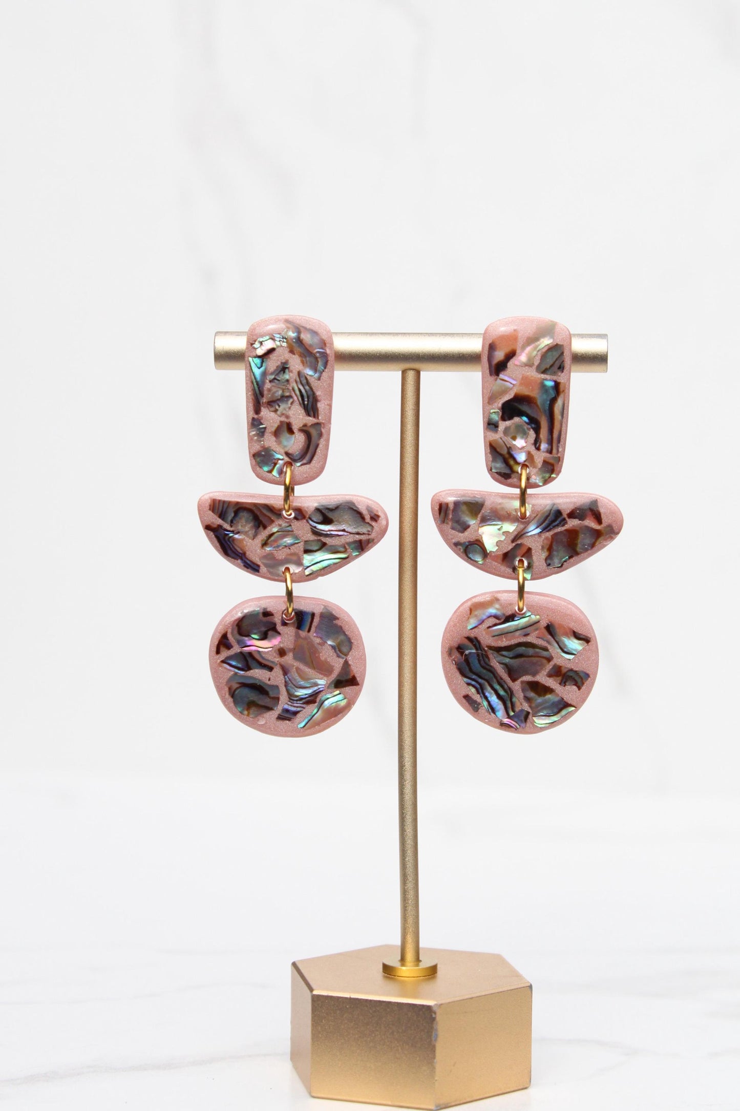 Pink Abalone Shell Earrings – Handmade Statement Polymer Clay Earrings, Lightweight Geometric Dangles, Iridescent Shell Jewelry, Boho Gift f