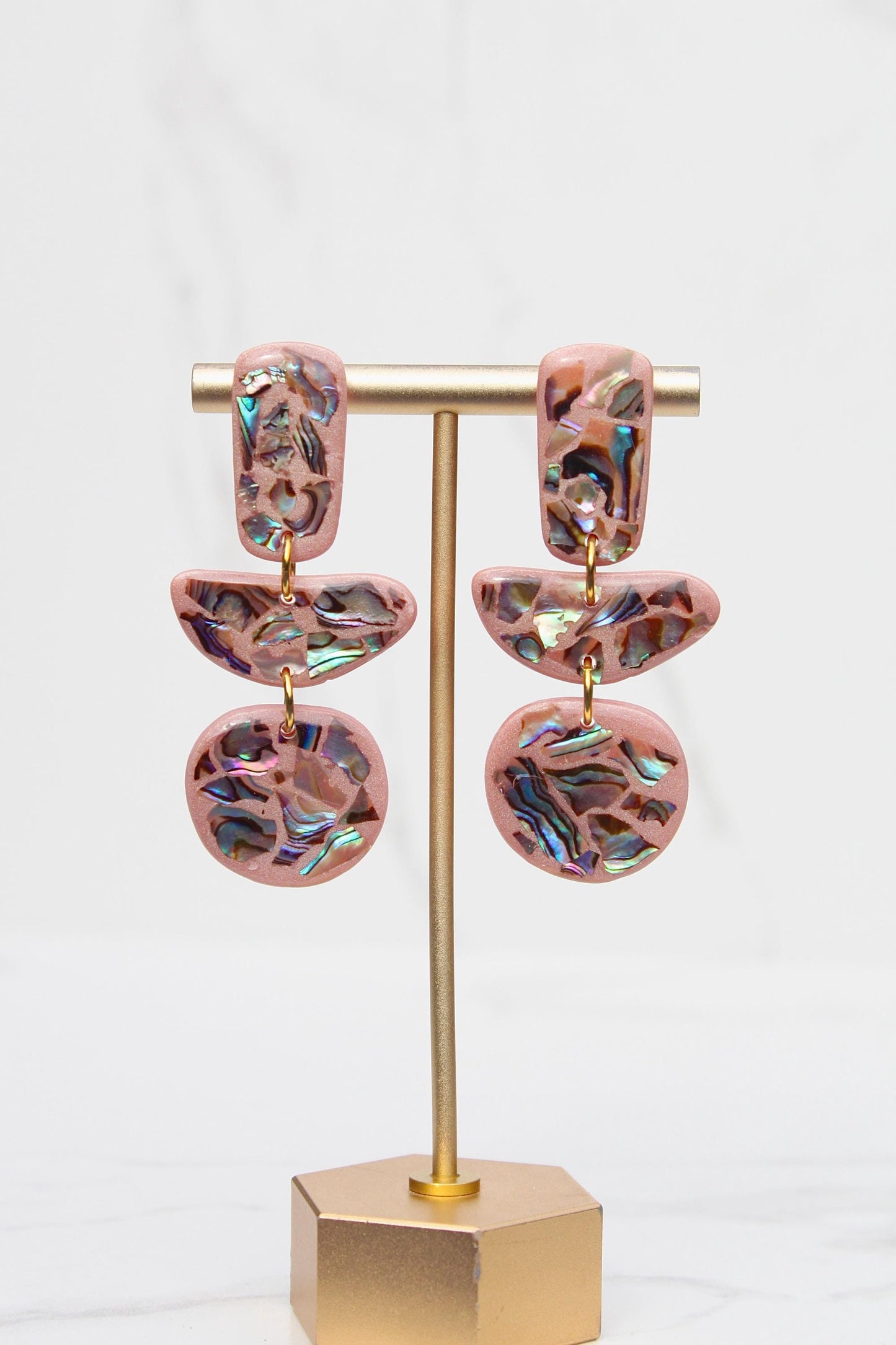Pink Abalone Shell Earrings – Handmade Statement Polymer Clay Earrings, Lightweight Geometric Dangles, Iridescent Shell Jewelry, Boho Gift f