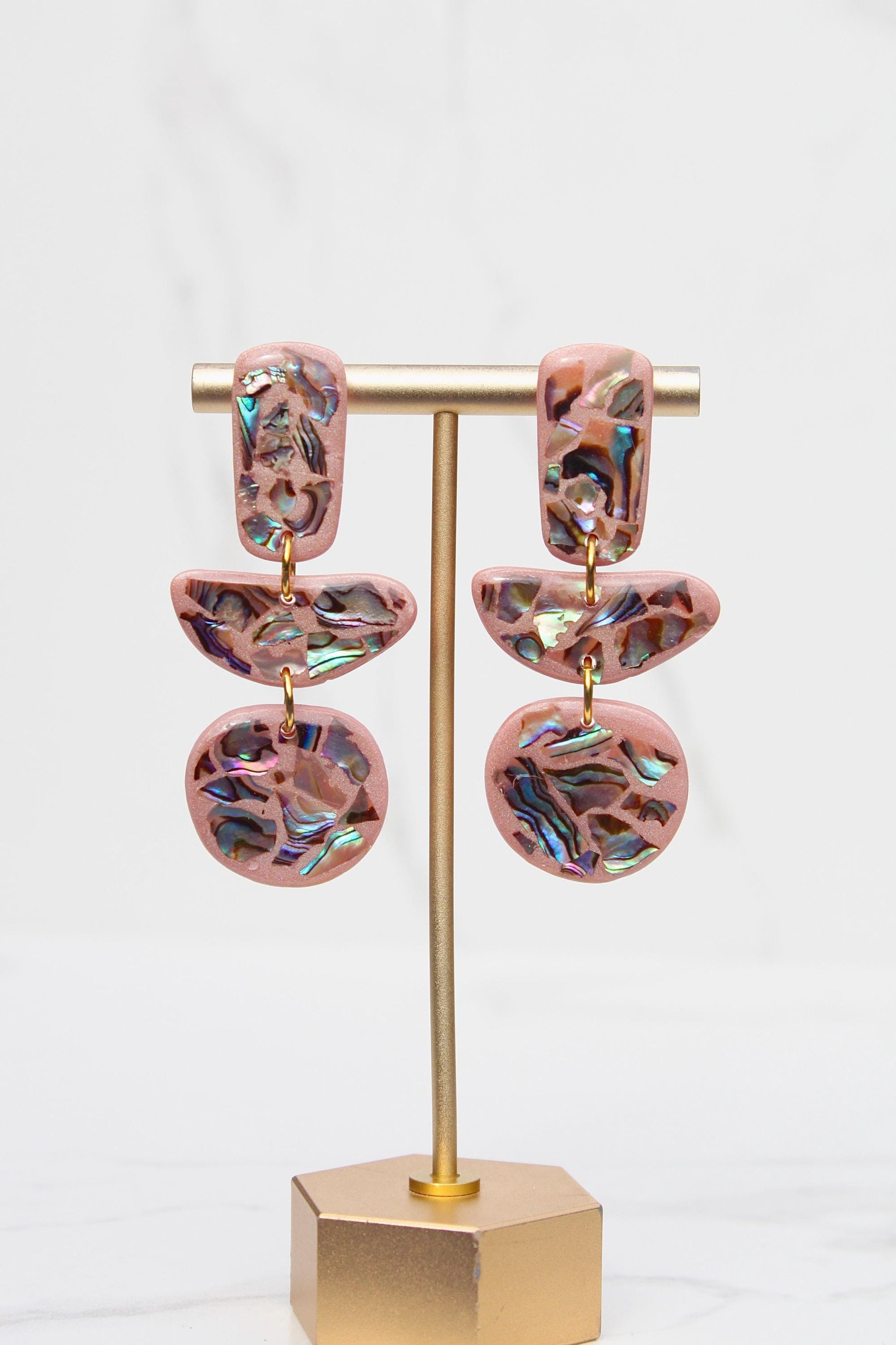 Pink Abalone Shell Earrings – Handmade Statement Polymer Clay Earrings, Lightweight Geometric Dangles, Iridescent Shell Jewelry, Boho Gift f