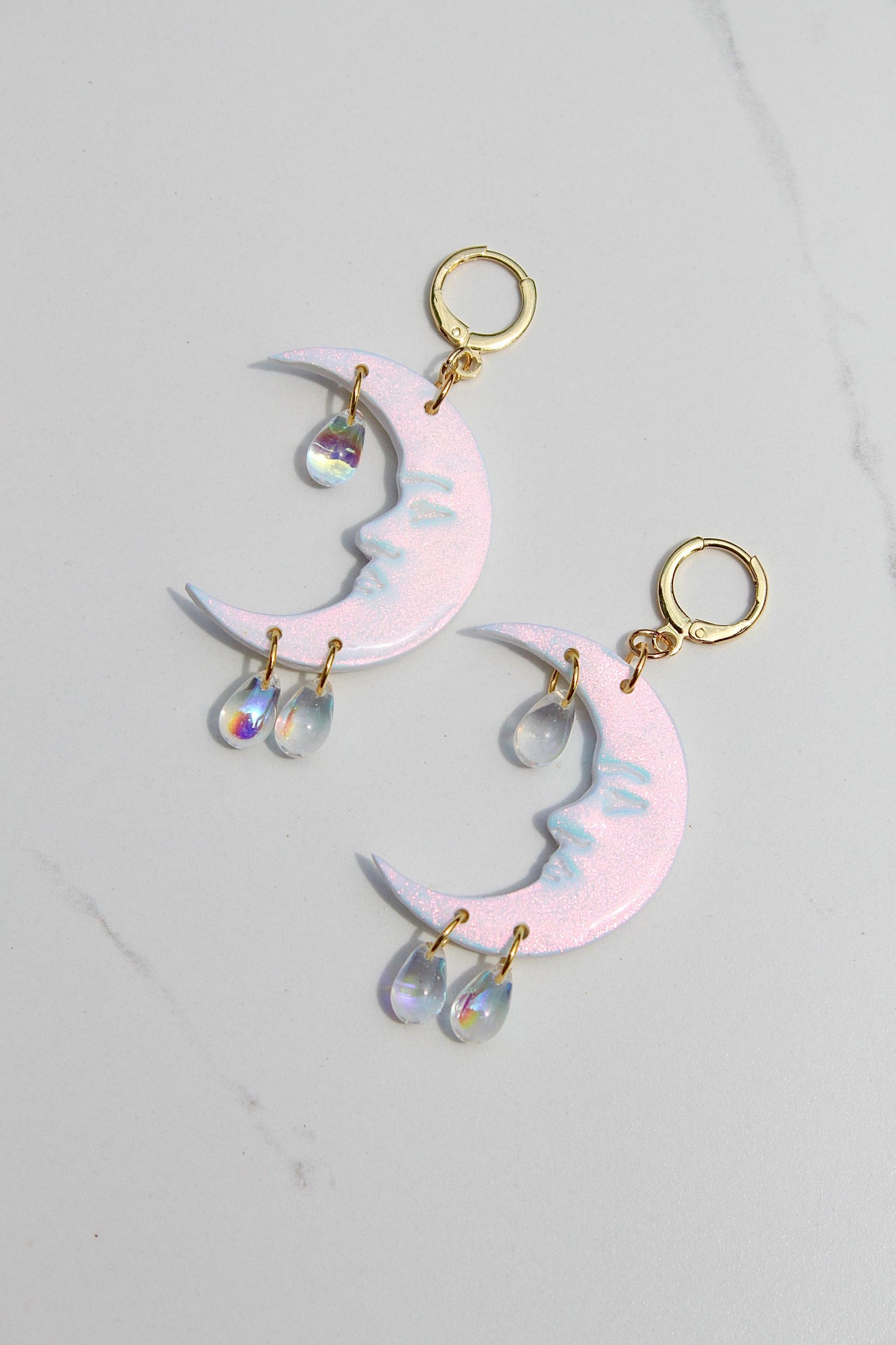 Celestial Iridescent Moon Earrings – Handmade Clay Earrings with Iridescent Teardrops, Dreamy Gift for Her, Moon Earrings