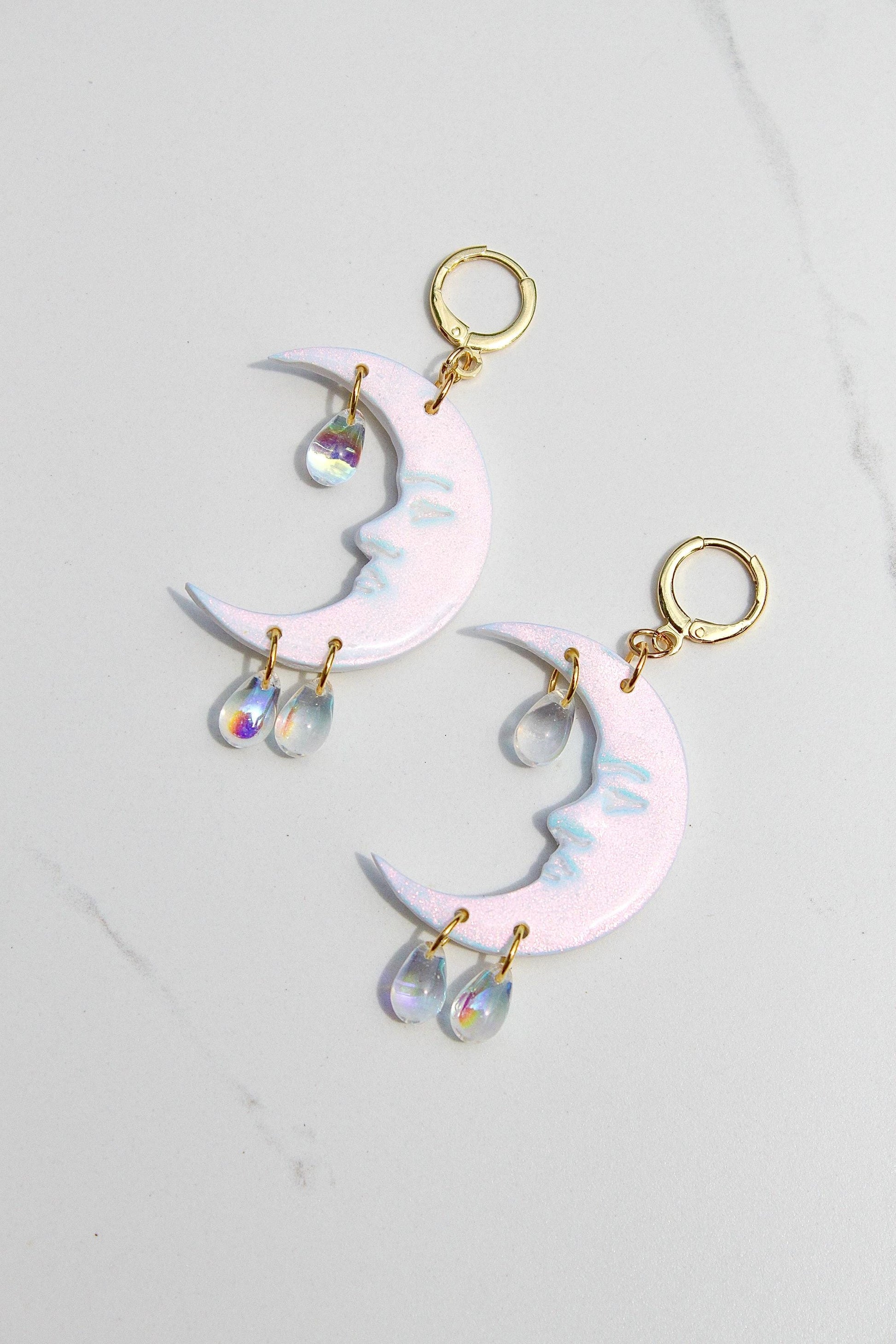 Celestial Iridescent Moon Earrings – Handmade Clay Earrings with Iridescent Teardrops, Dreamy Gift for Her, Moon Earrings