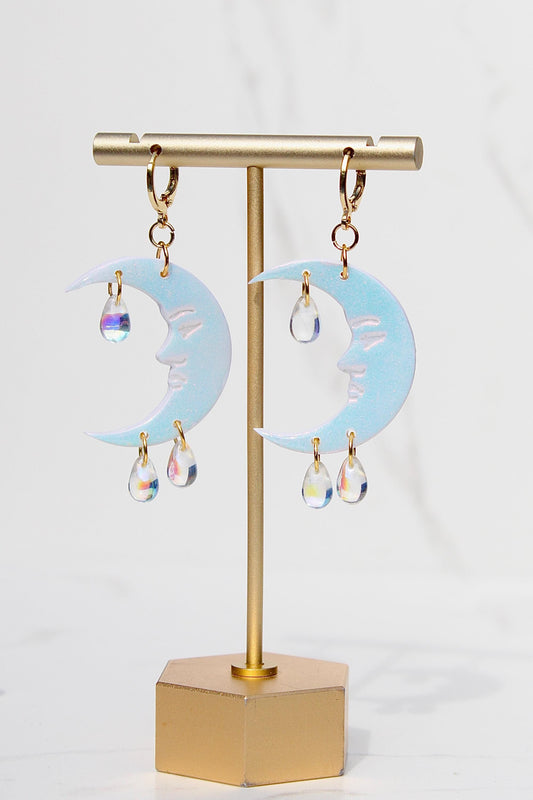 Celestial Iridescent Moon Earrings – Handmade Clay Earrings with Iridescent Teardrops, Dreamy Gift for Her, Moon Earrings