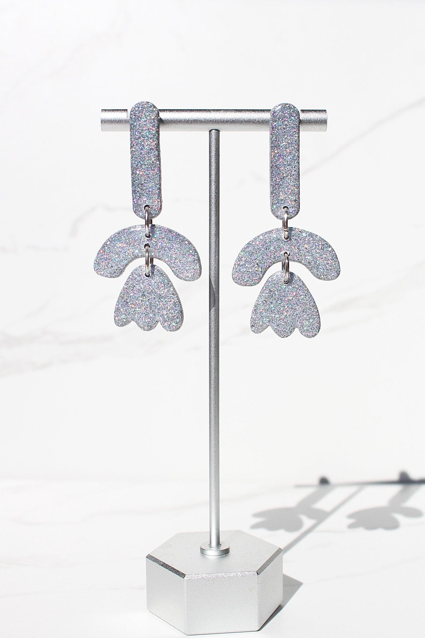 Holographic Silver Glitter Clay Earrings – Handmade Statement Dangle Earrings, Lightweight Polymer Clay Jewelry, Sparkle Party Accessory