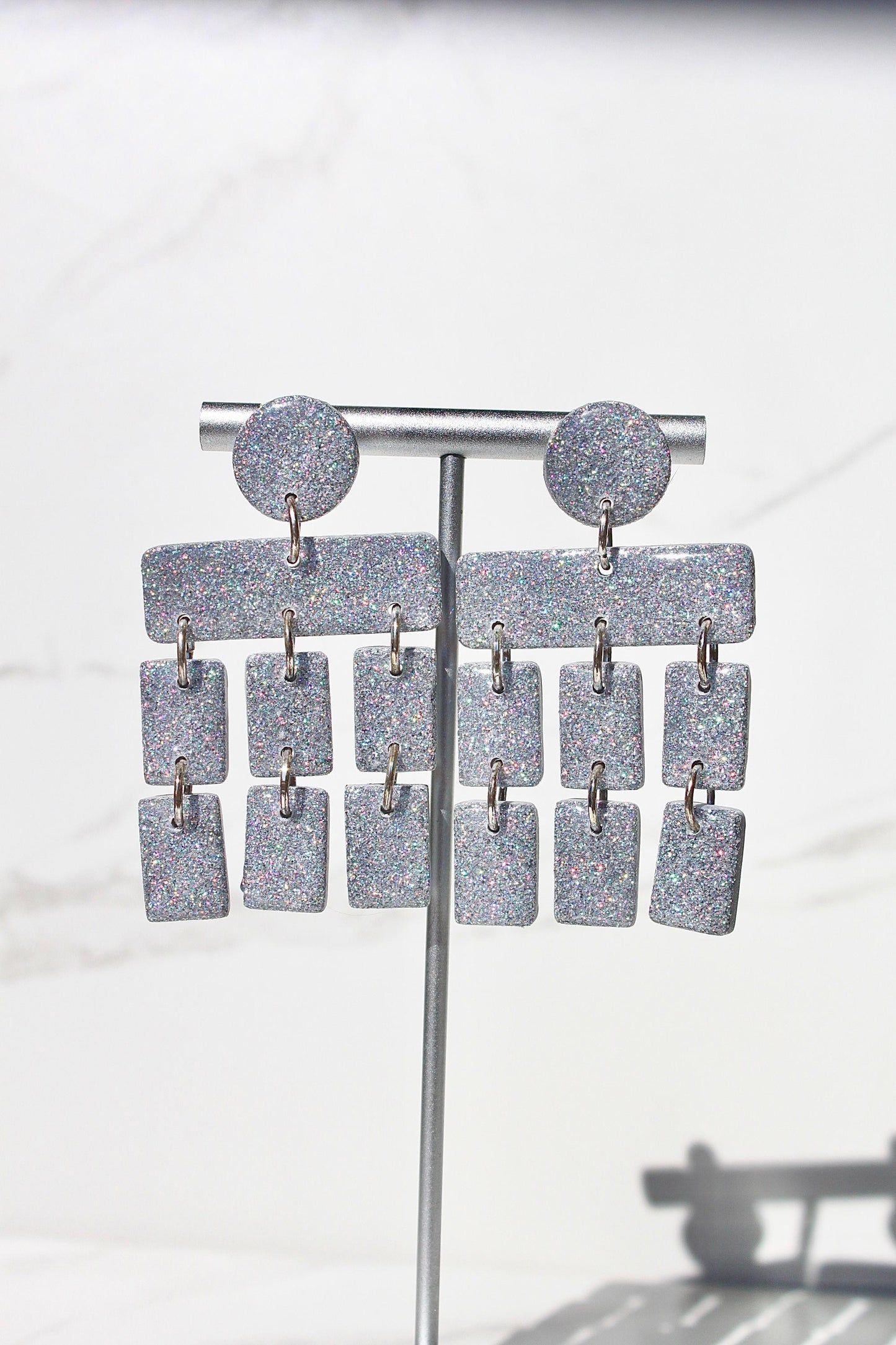 Holographic Silver Glitter Clay Earrings – Handmade Statement Dangle Earrings, Lightweight Polymer Clay Jewelry, Sparkle Party Accessory