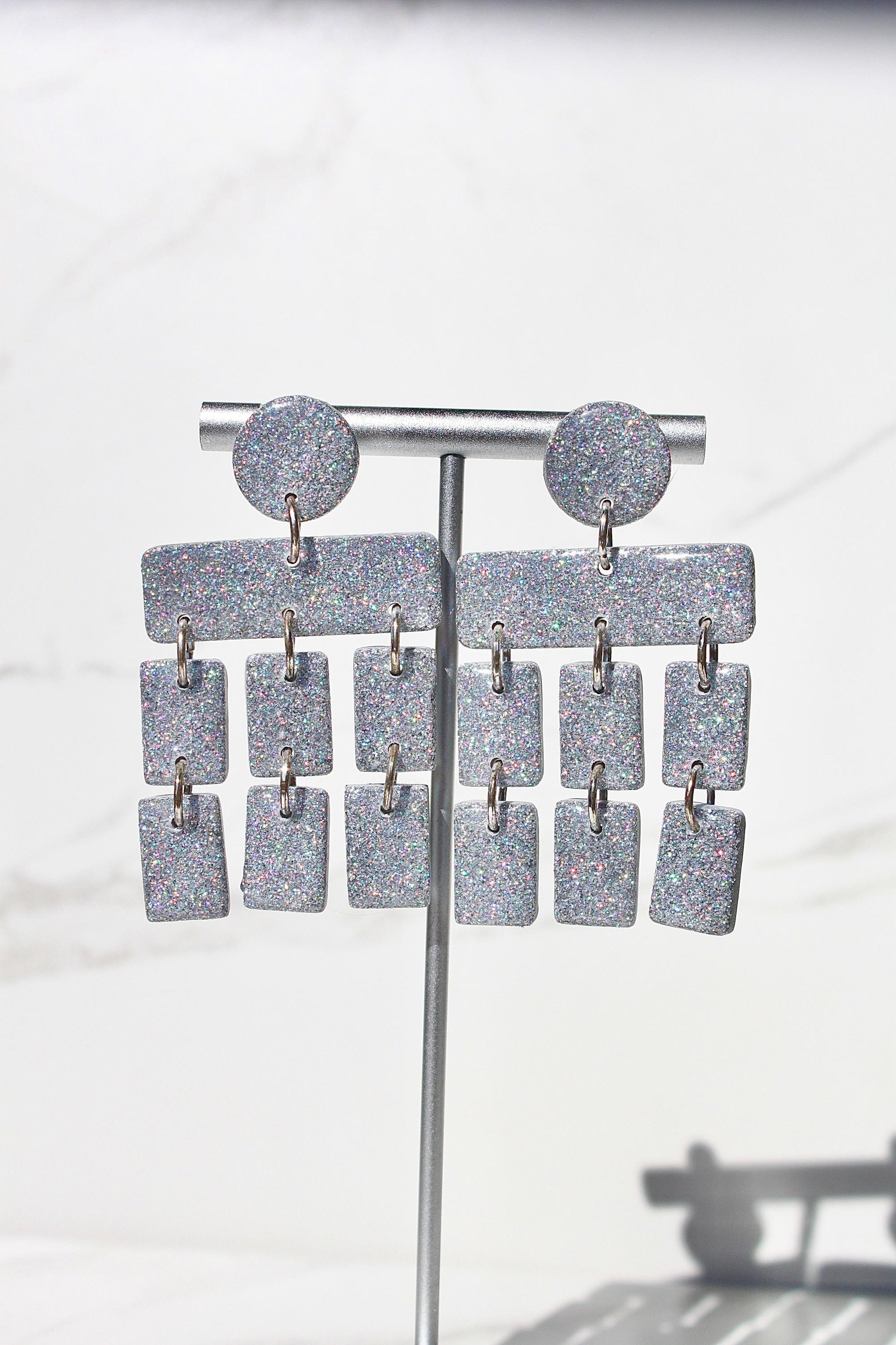 Holographic Silver Glitter Clay Earrings – Handmade Statement Dangle Earrings, Lightweight Polymer Clay Jewelry, Sparkle Party Accessory
