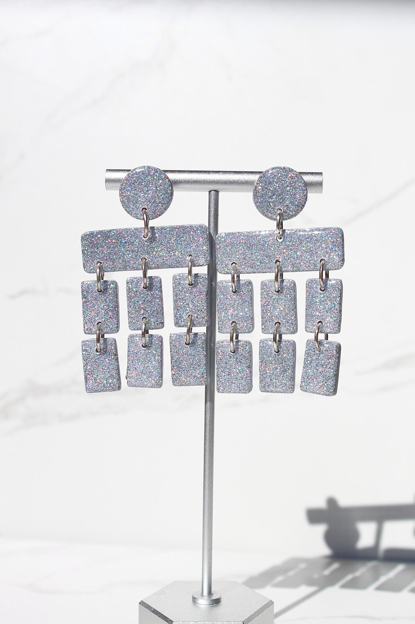 Holographic Silver Glitter Clay Earrings – Handmade Statement Dangle Earrings, Lightweight Polymer Clay Jewelry, Sparkle Party Accessory