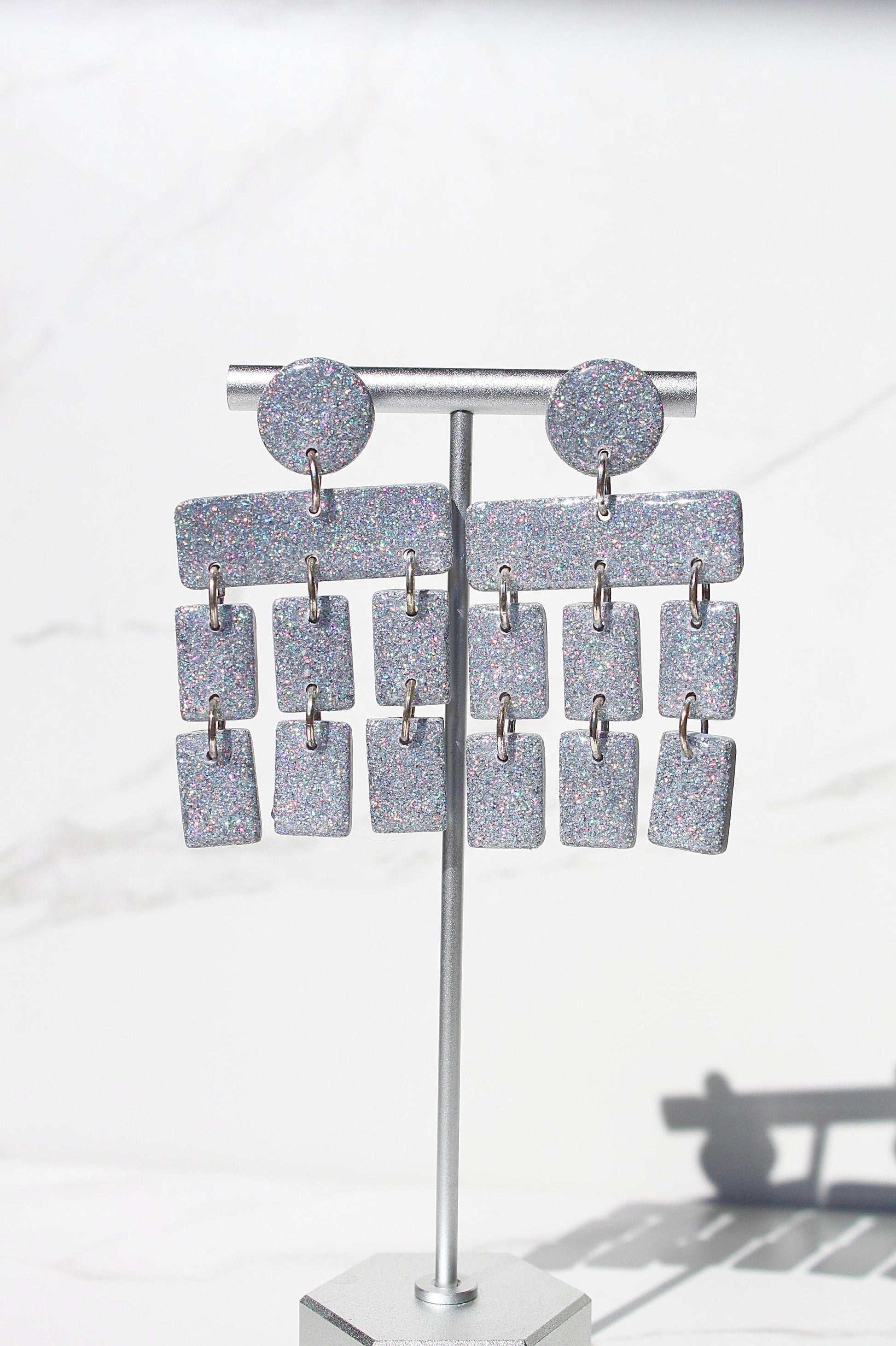 Holographic Silver Glitter Clay Earrings – Handmade Statement Dangle Earrings, Lightweight Polymer Clay Jewelry, Sparkle Party Accessory