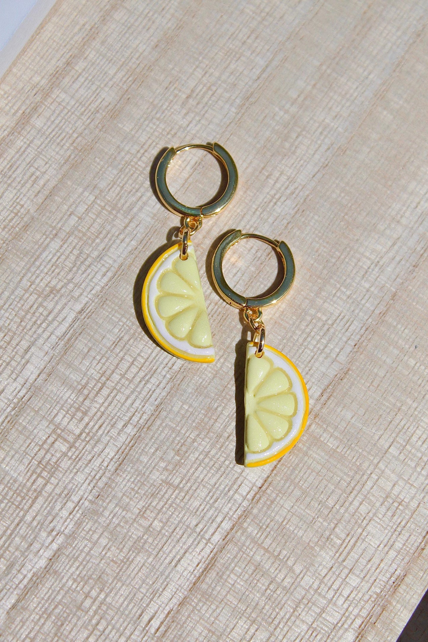 Citrus Slice Earrings – Polymer Clay Fruit Dangle Earrings – Lemon, Lime & Orange Earrings – Handmade Summer Jewelry – Gold Hoop Earrings –