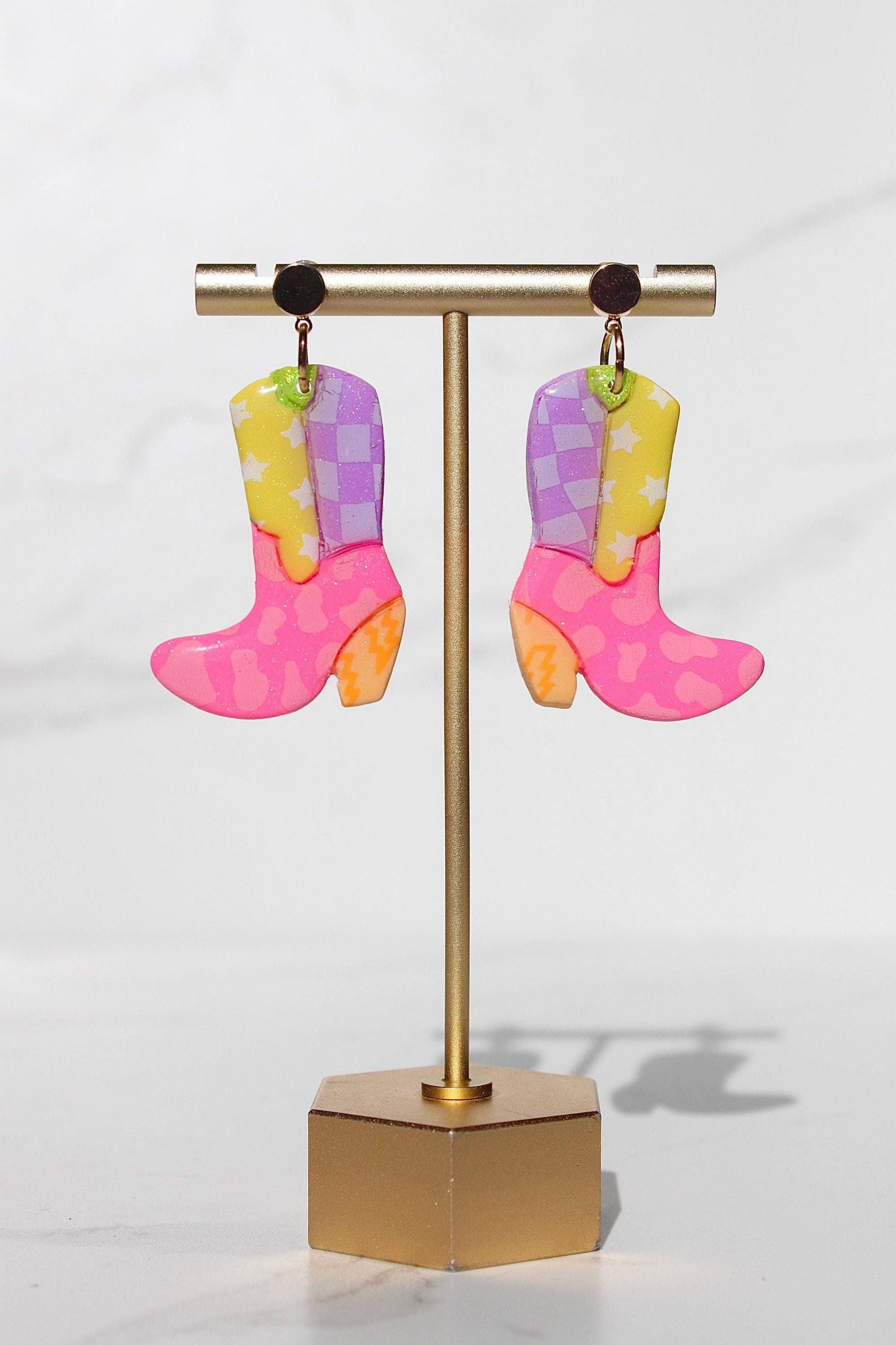 Handmade Colorful Cowgirl Boot Clay Earrings – Western, Y2K, Festival Statement Jewelry, Glitter Boot Earrings for Women, Boho Retro Gifts
