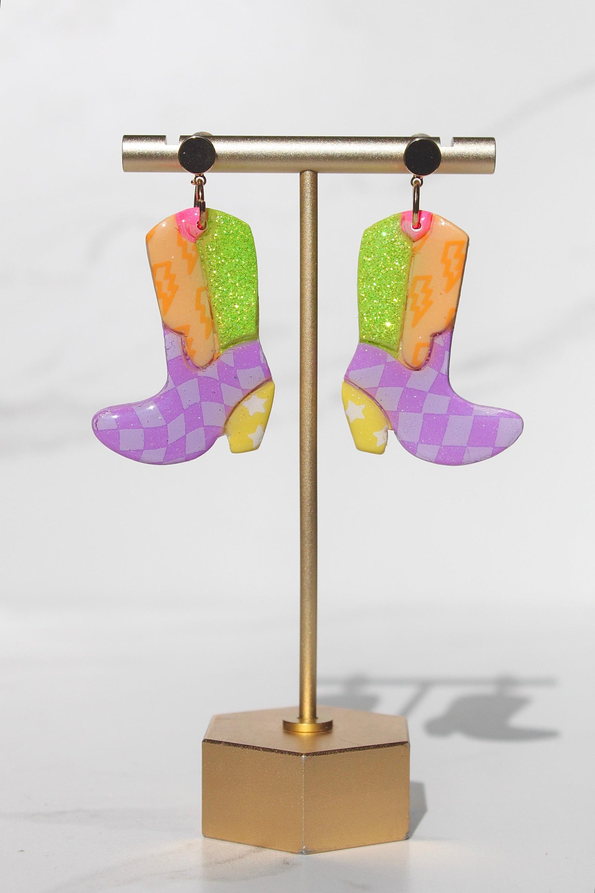 Handmade Colorful Cowgirl Boot Clay Earrings – Western, Y2K, Festival Statement Jewelry, Glitter Boot Earrings for Women, Boho Retro Gifts