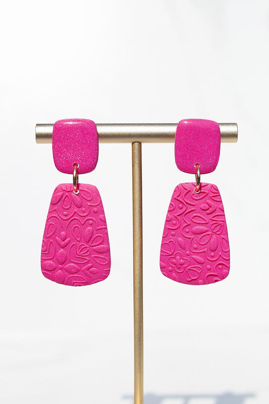 Pink Floral Textured Clay Earrings – Handmade Polymer Clay Statement Dangles – Lightweight Glitter Earrings – Bold Feminine Jewelry – Gift f